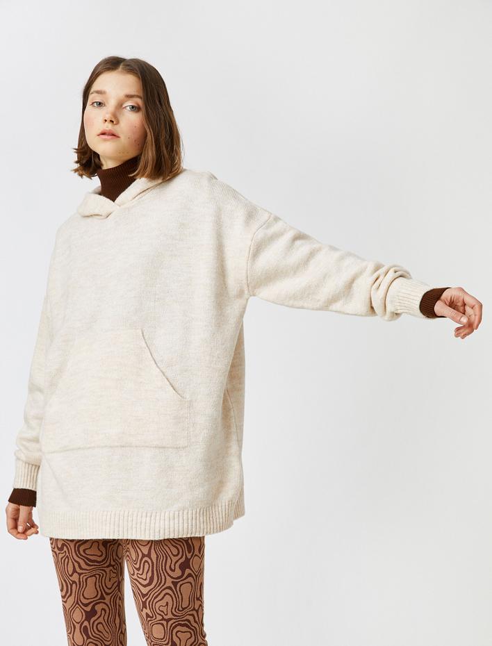  Kapüşonlu Uzun Kollu Cepli Kazak