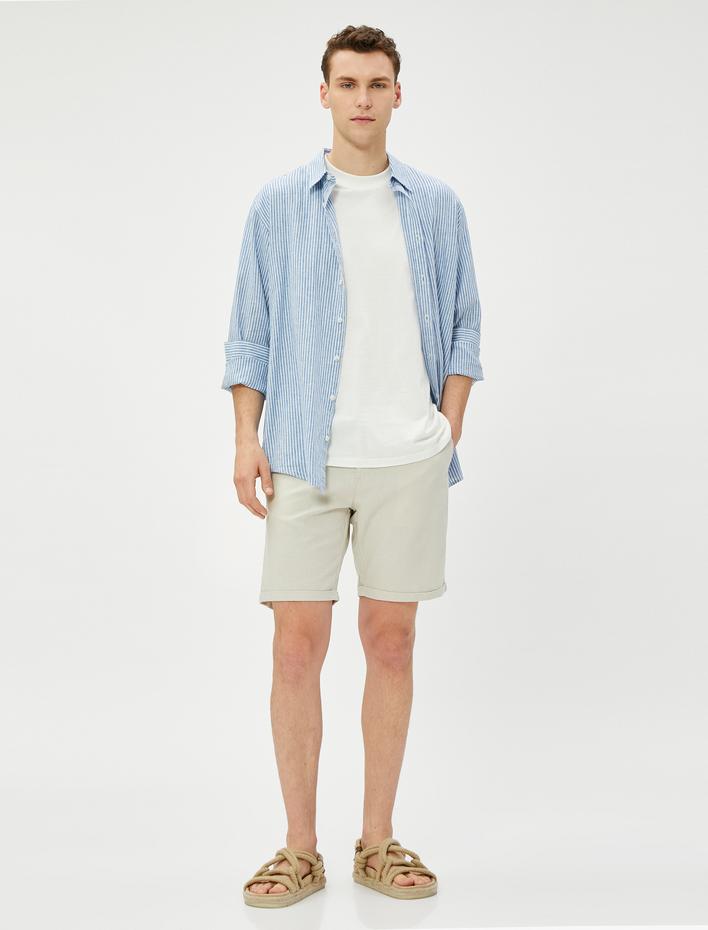  Keten Karışımlı Şort Bermuda Beli Bağcıklı Düğmeli Cep Detaylı