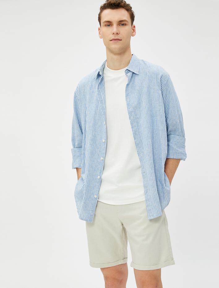  Keten Karışımlı Şort Bermuda Beli Bağcıklı Düğmeli Cep Detaylı