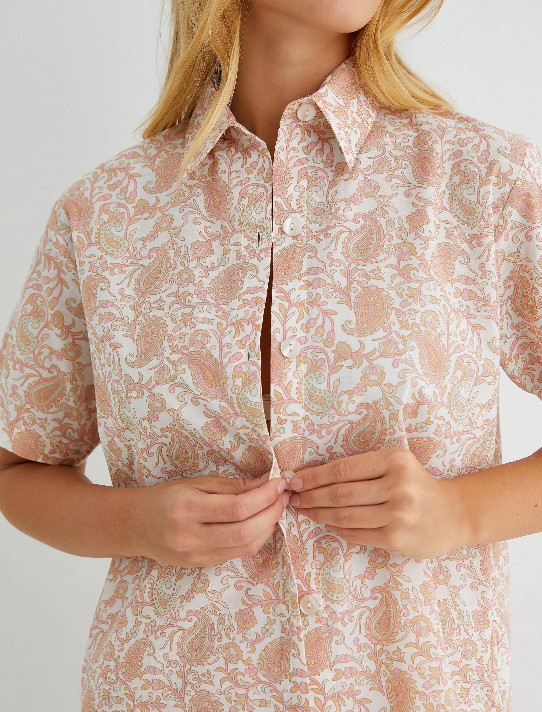 Pijama Üstü Kısa Kollu Gömlek Yaka Düğmeli Pamuklu