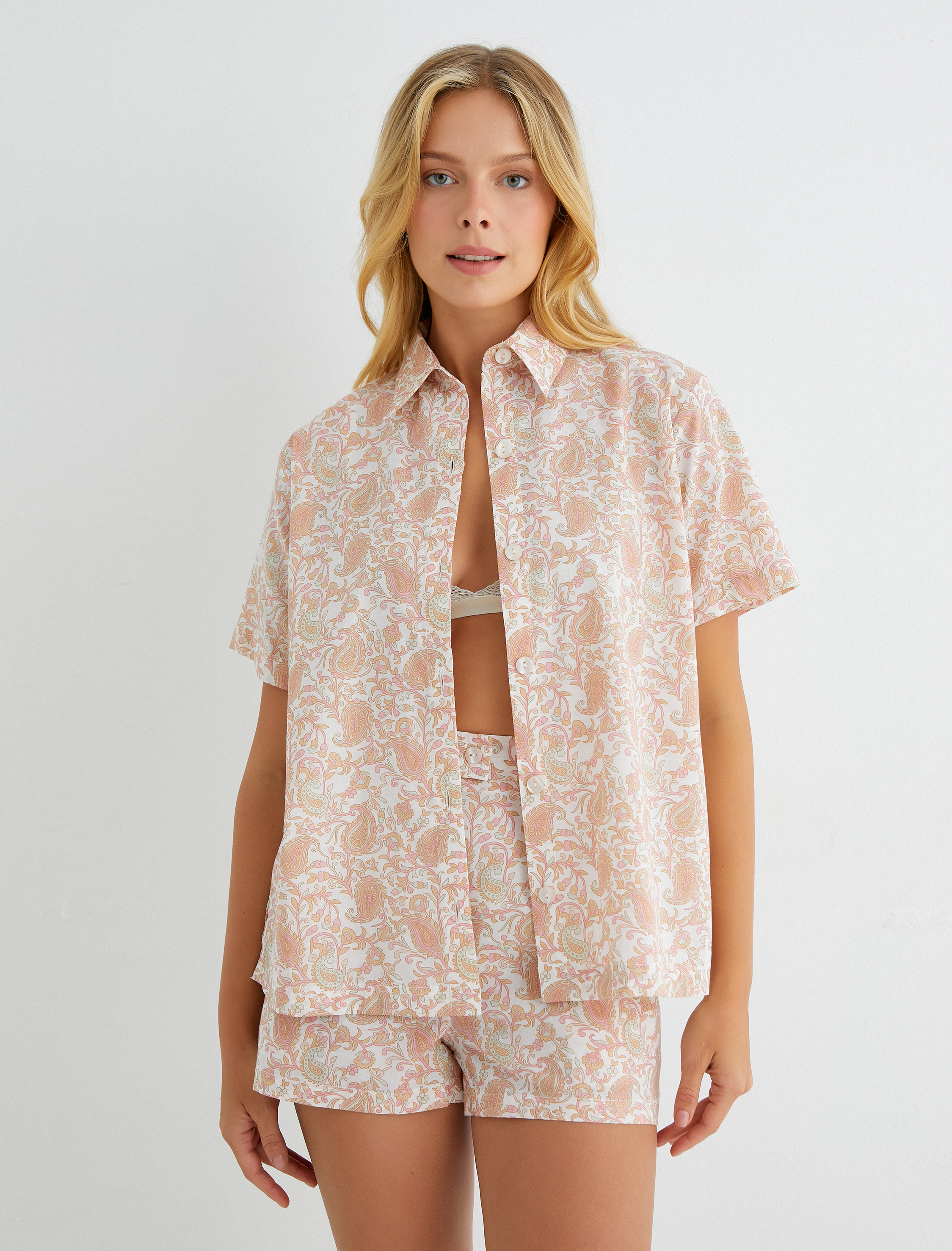 Pijama Üstü Kısa Kollu Gömlek Yaka Düğmeli Pamuklu