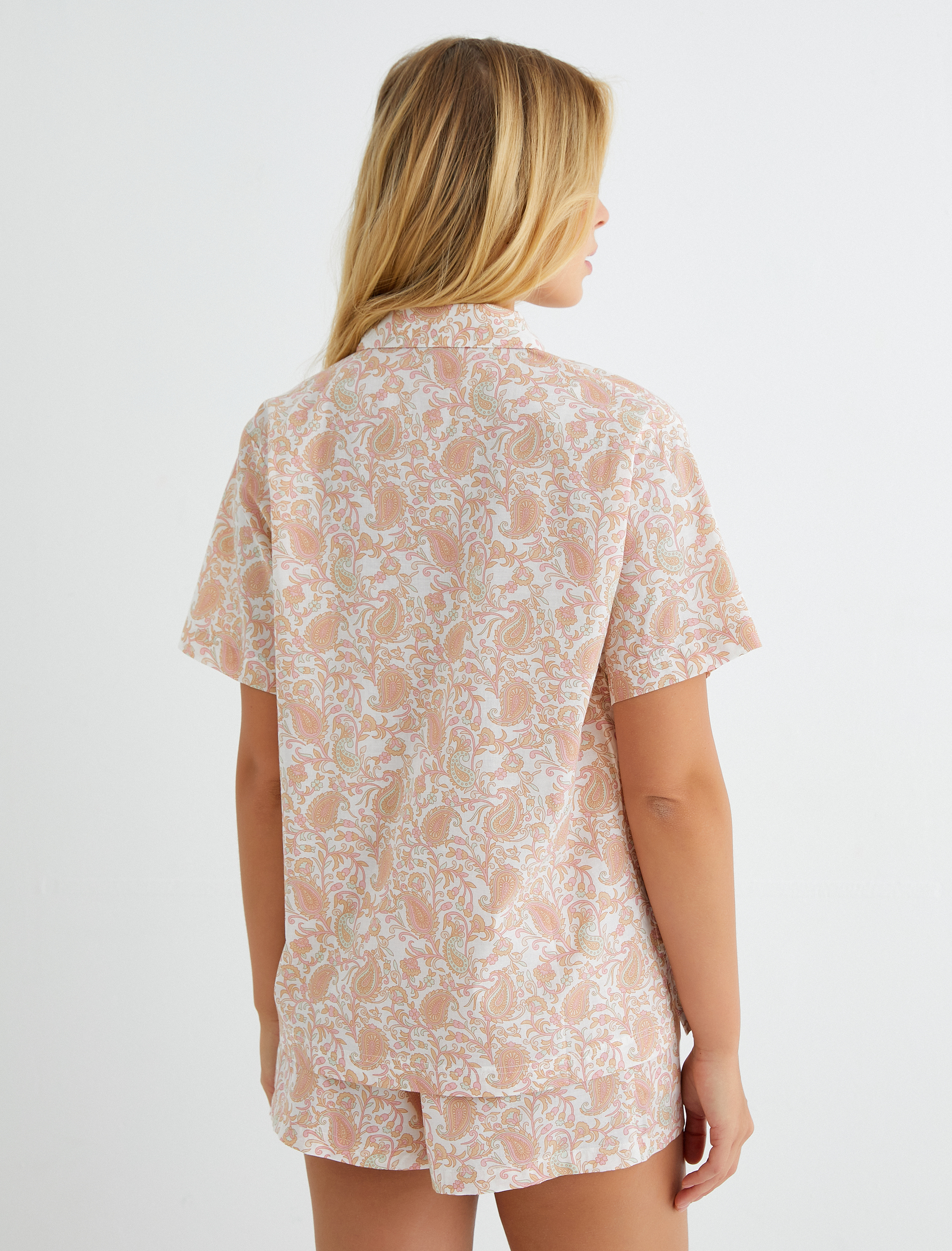 Pijama Üstü Kısa Kollu Gömlek Yaka Düğmeli Pamuklu