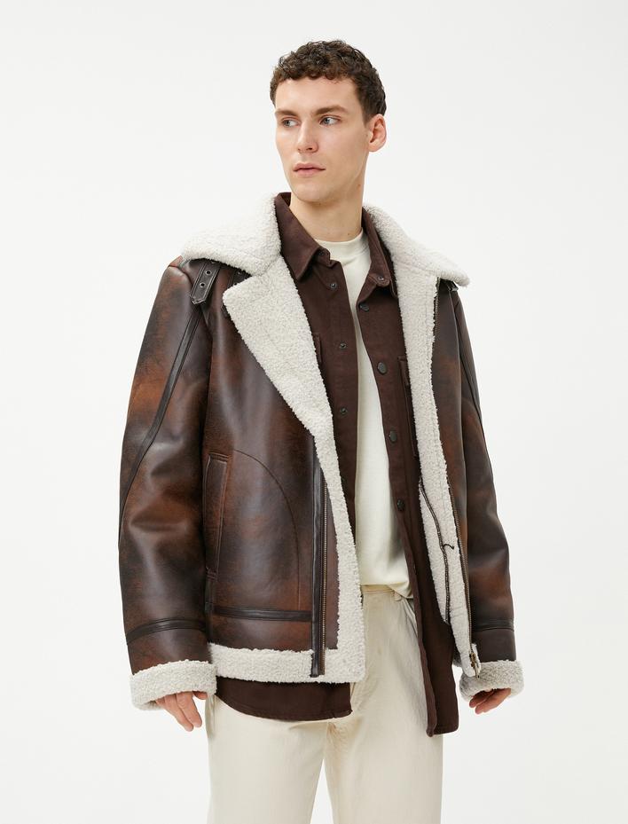  Deri Görünümlü Ceket Soyut Detaylı İçi Peluş Fermuarlı Cepli