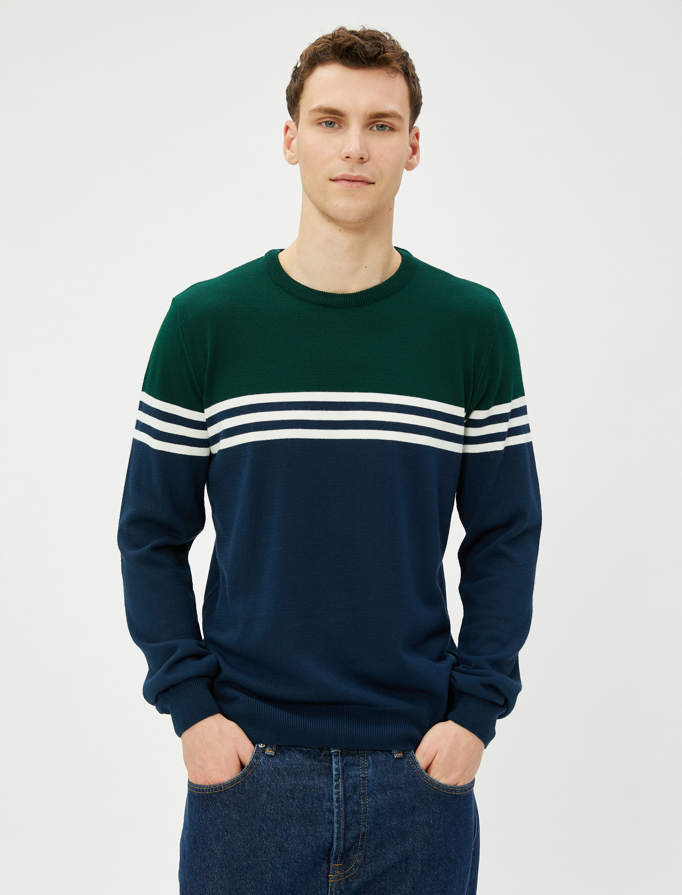   Triko Kazak Renk Bloklu Bisiklet Yaka