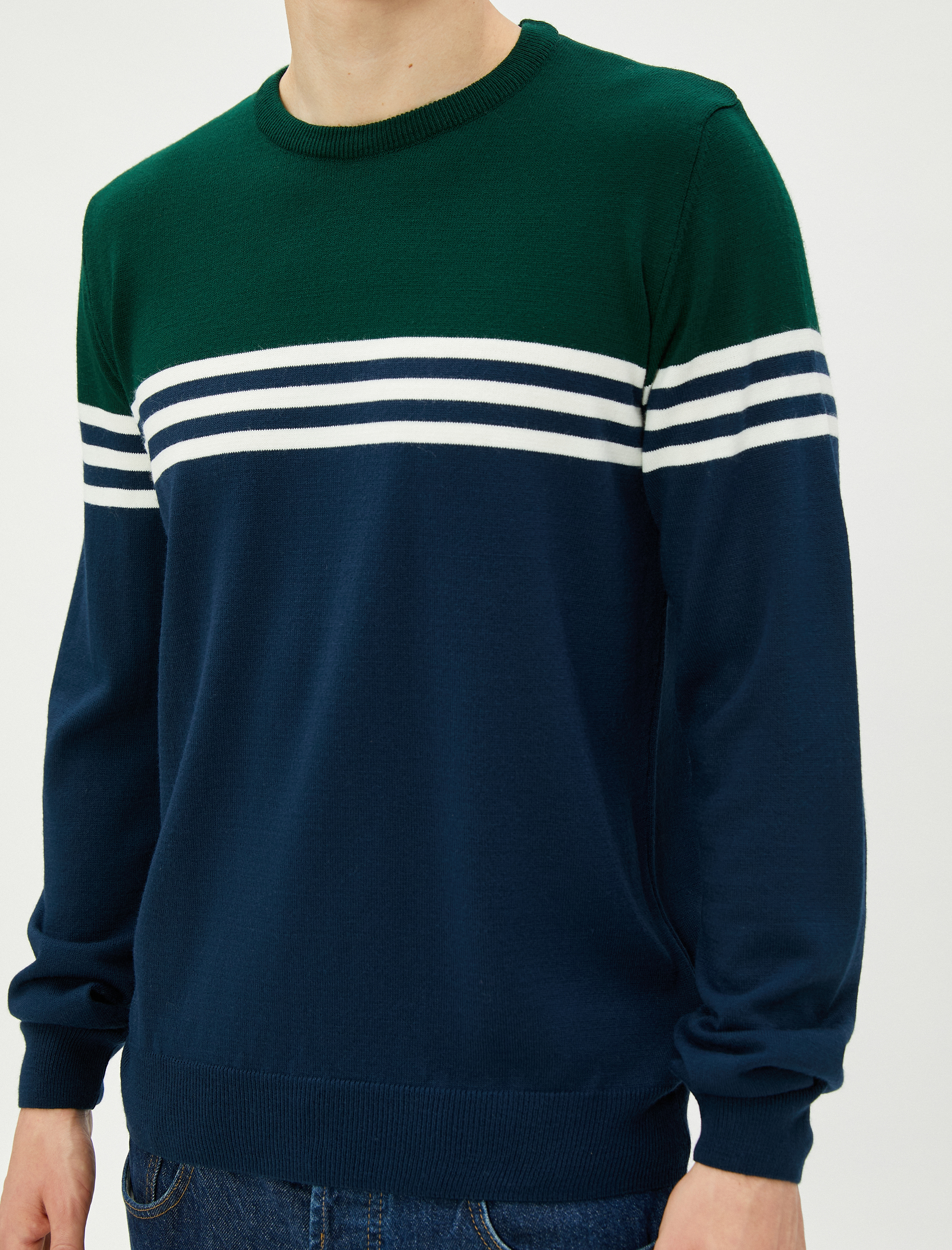   Triko Kazak Renk Bloklu Bisiklet Yaka