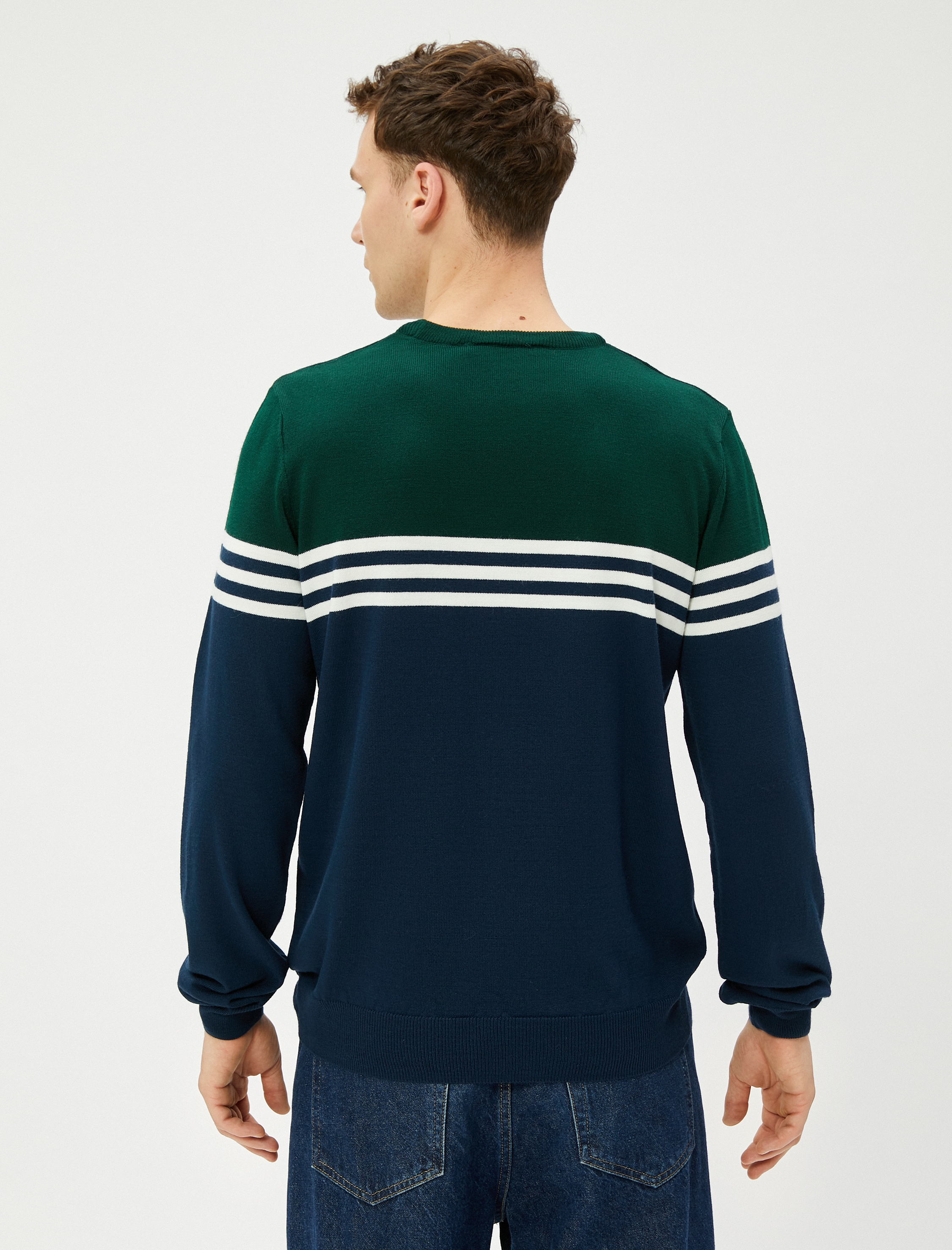   Triko Kazak Renk Bloklu Bisiklet Yaka