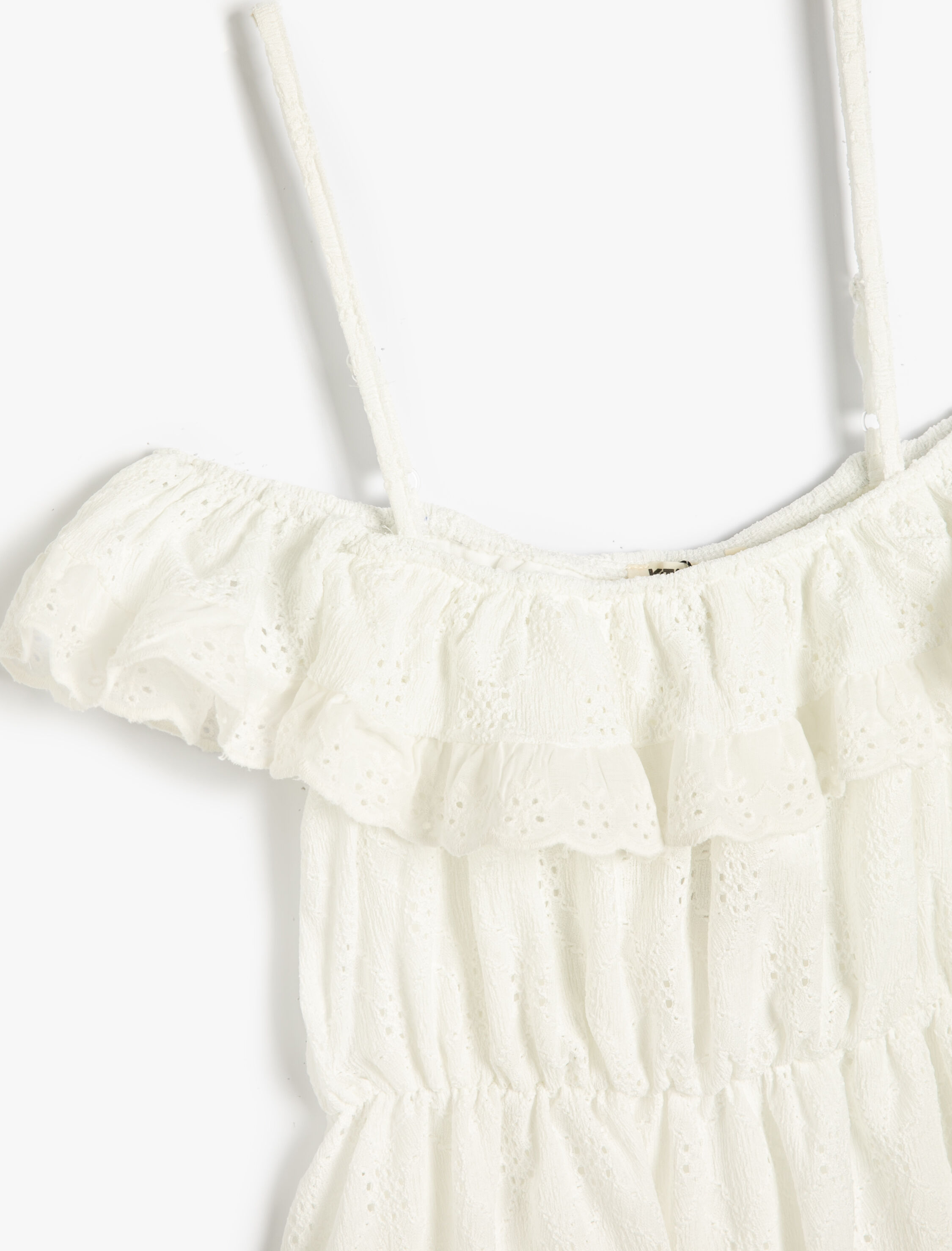  Kız Çocuk Elbise Düşük Omuz Askılı Fırfırlı Fisto İşlemeli