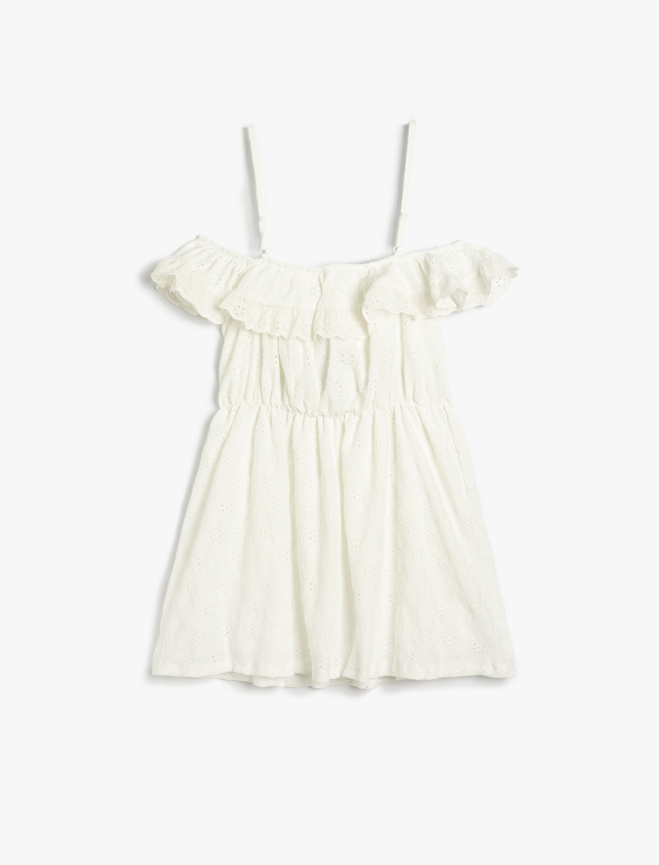  Kız Çocuk Elbise Düşük Omuz Askılı Fırfırlı Fisto İşlemeli