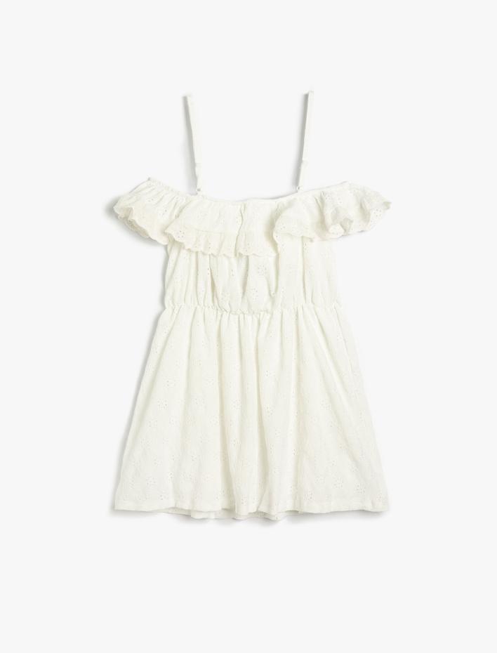 Kız Çocuk Elbise Düşük Omuz Askılı Fırfırlı Fisto İşlemeli