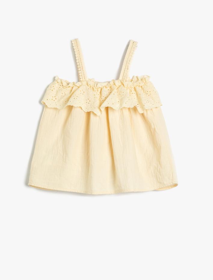 Kız Çocuk Bluz Askılı Fisto İşlemeli Fırfırlı Pamuklu