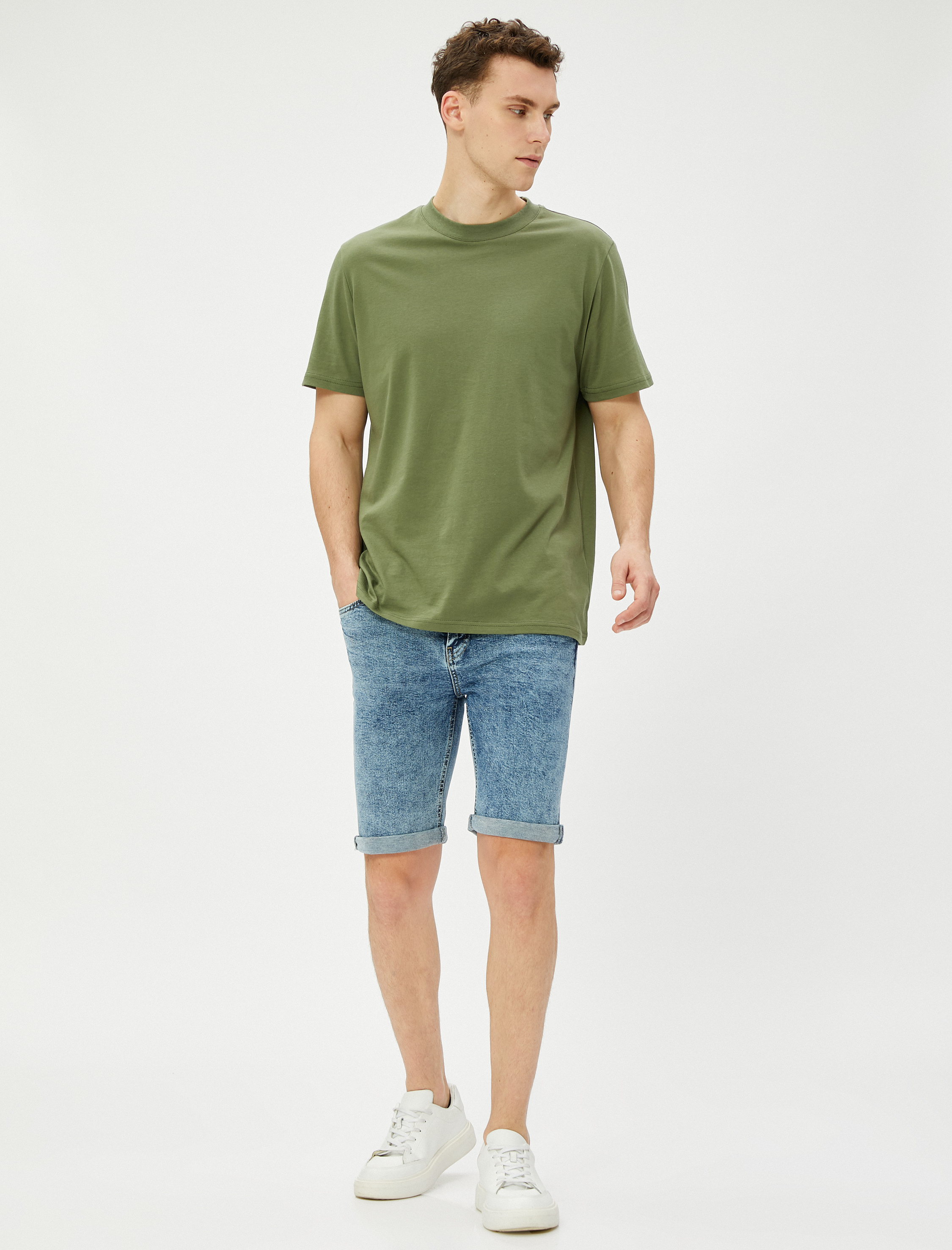   Bermuda Kot Şort Katlama Detaylı Cepli Pamuklu