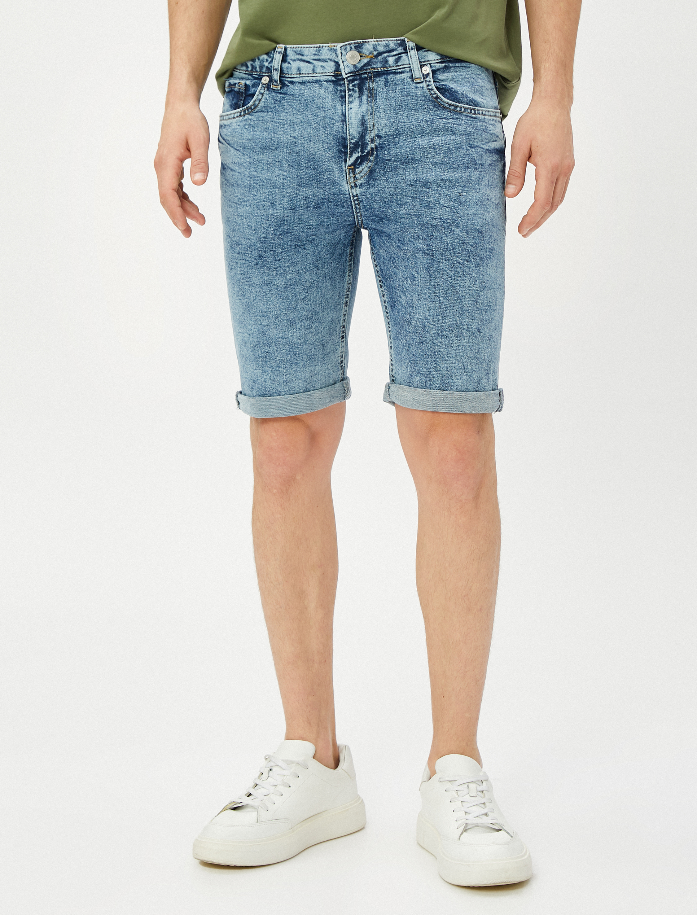   Bermuda Kot Şort Katlama Detaylı Cepli Pamuklu