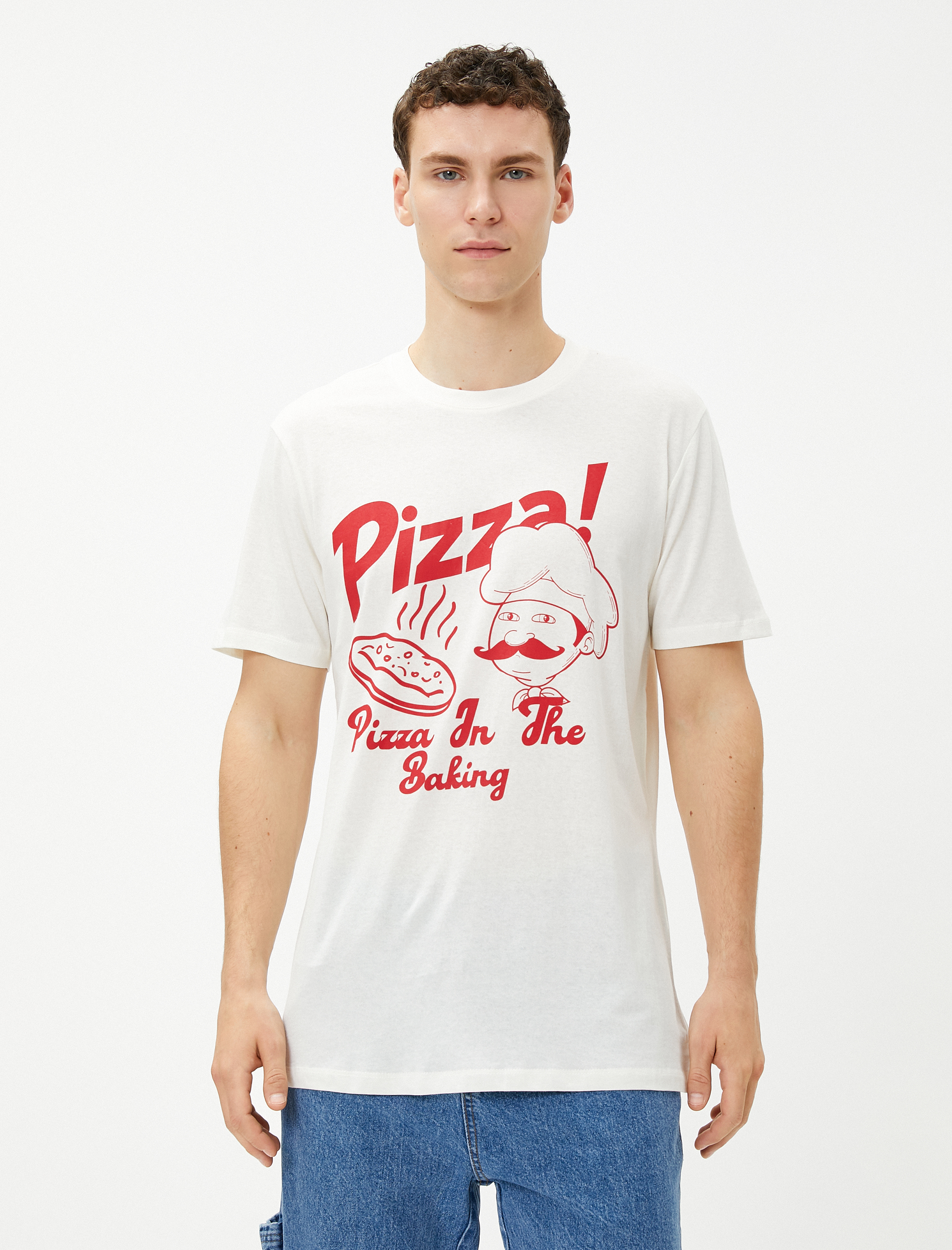   Slogan Baskılı Tişört Pizza Temalı Bisiklet Yaka Pamuklu