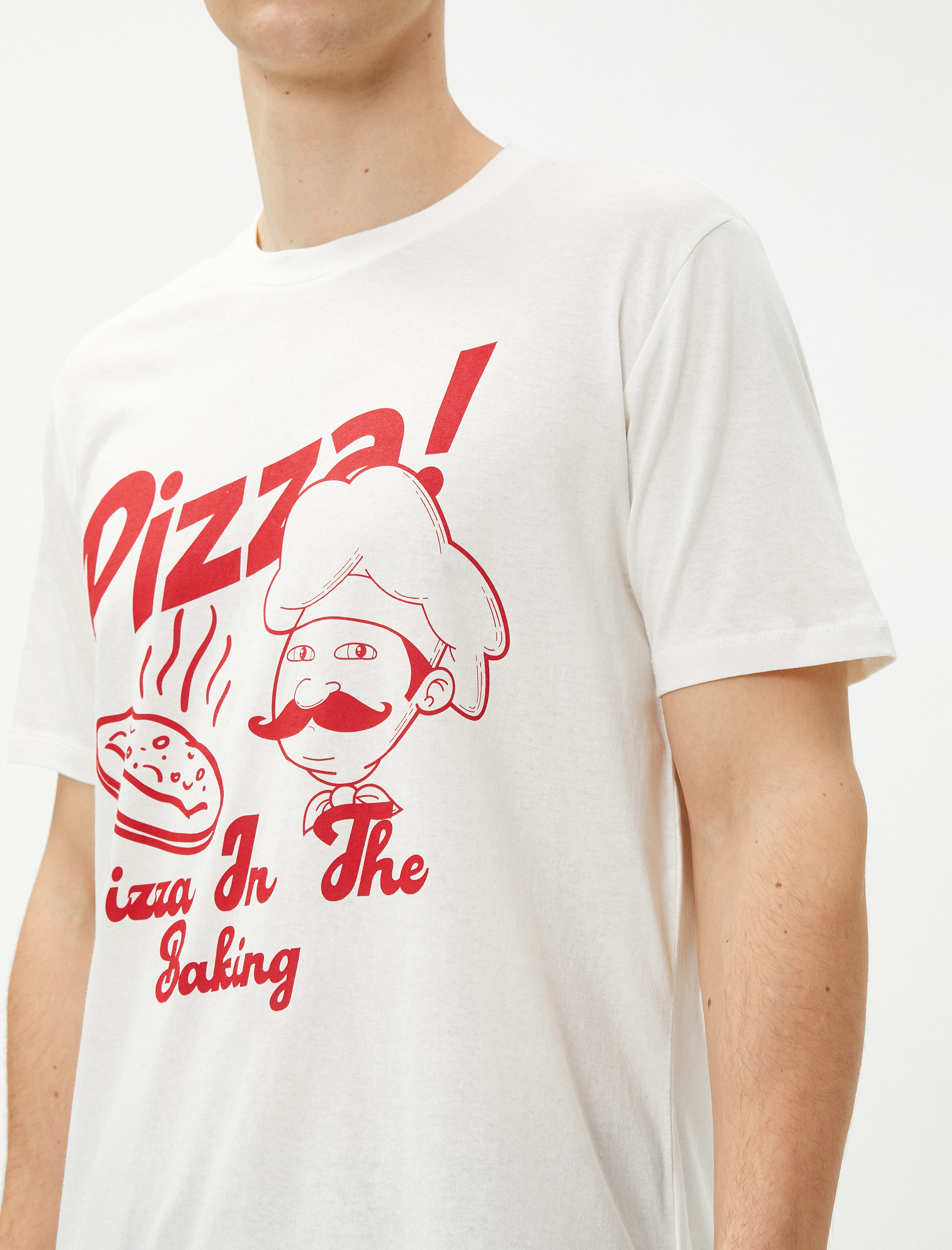   Slogan Baskılı Tişört Pizza Temalı Bisiklet Yaka Pamuklu