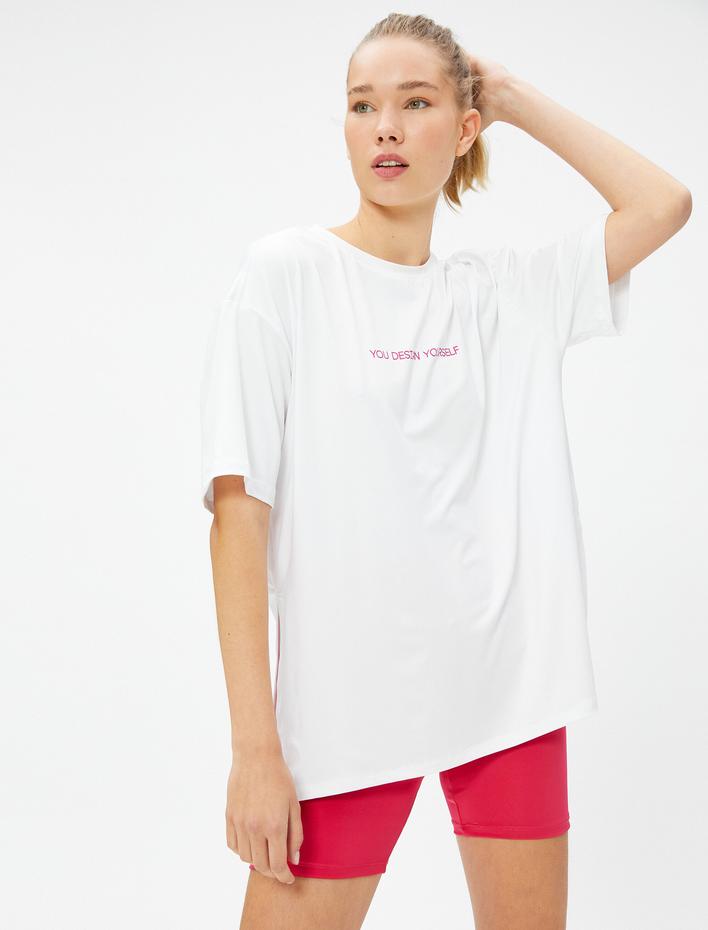  Oversize Spor Tişört Slogan Baskılı Kısa Kollu