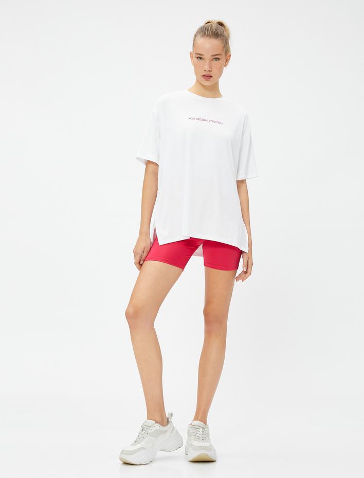  Oversize Spor Tişört Slogan Baskılı Kısa Kollu