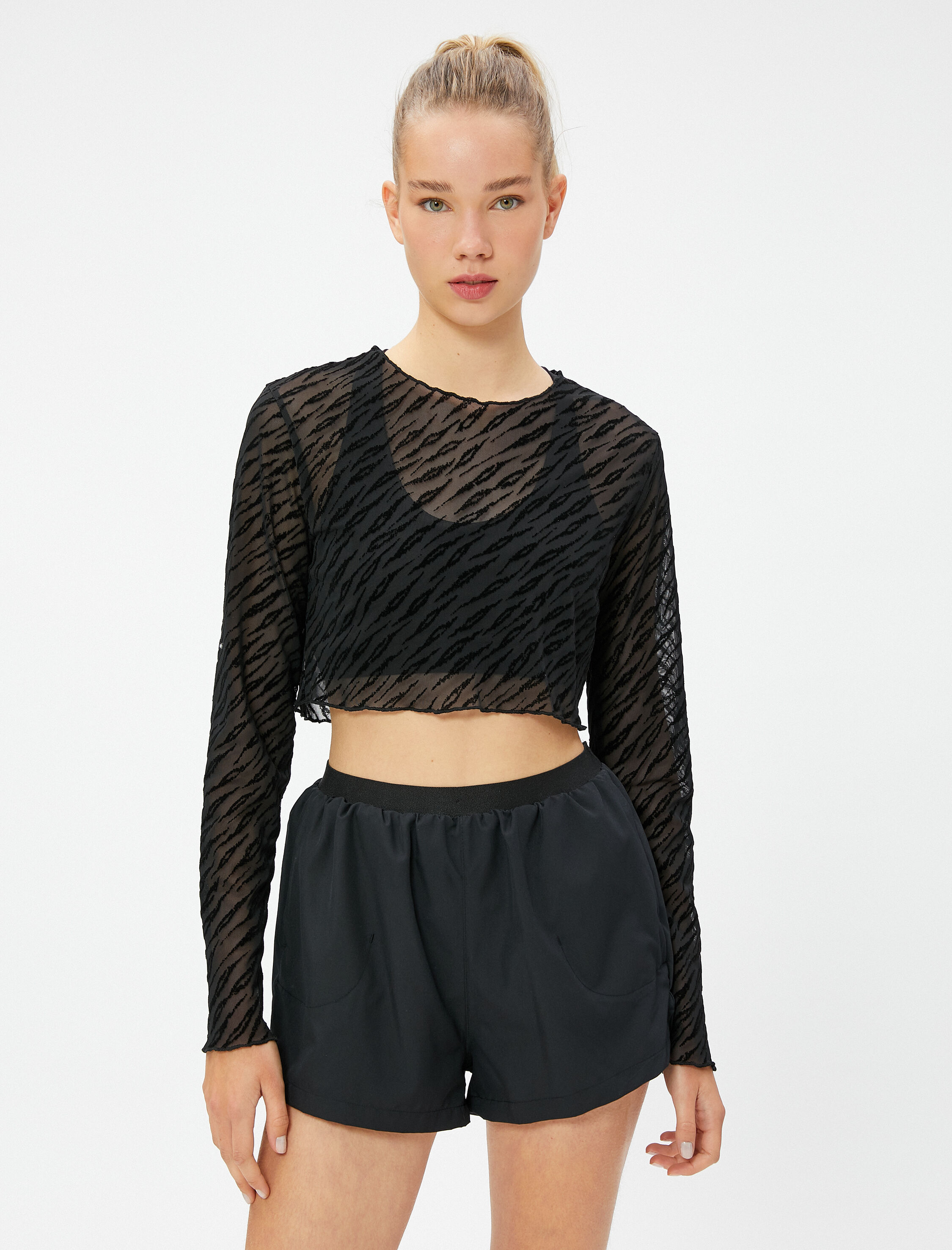   Transparan Crop Spor Tişört Uzun Kollu