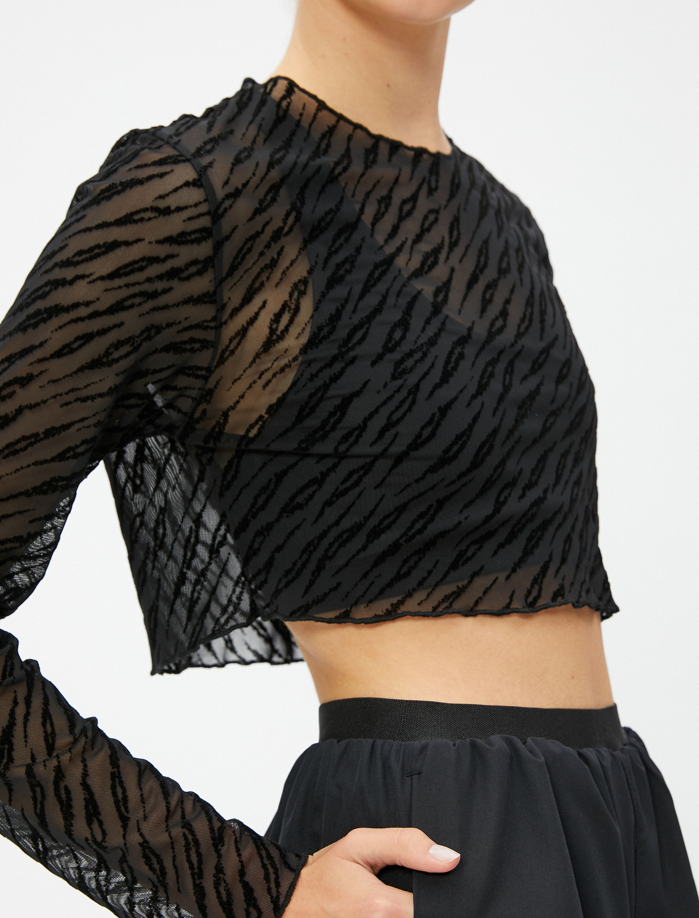   Transparan Crop Spor Tişört Uzun Kollu