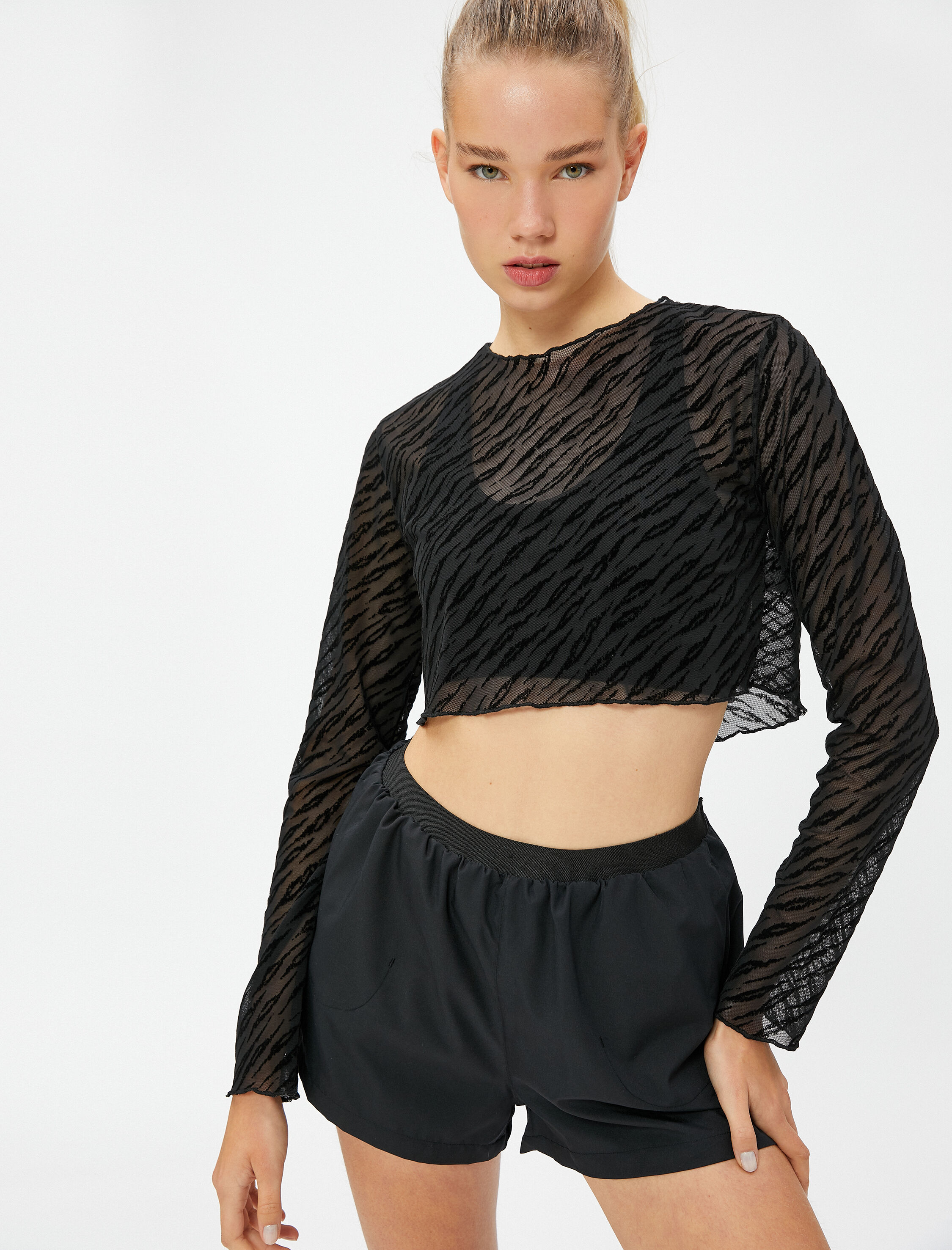   Transparan Crop Spor Tişört Uzun Kollu