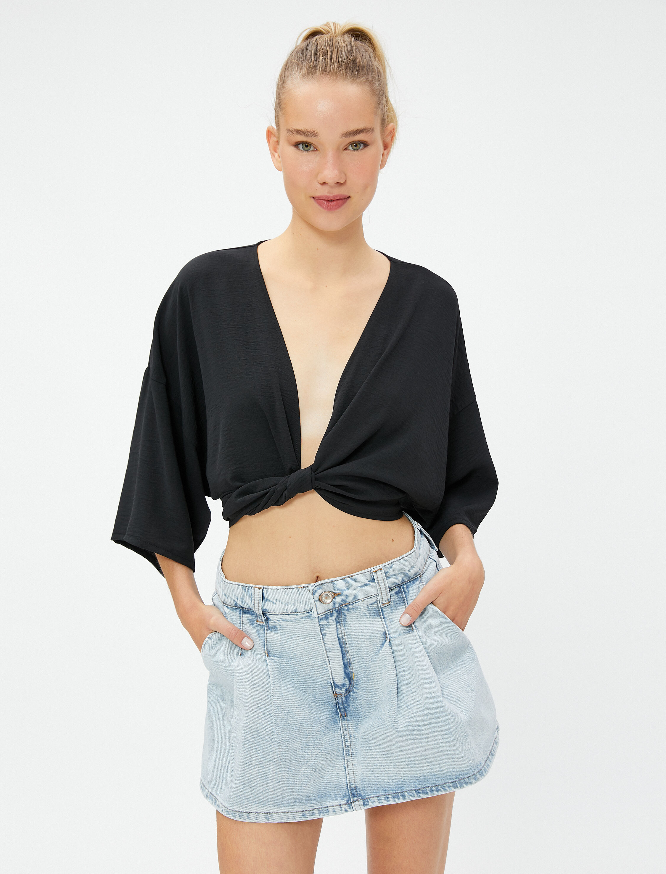   Crop Kimono Önden Bağlama Detaylı Geniş Kollu