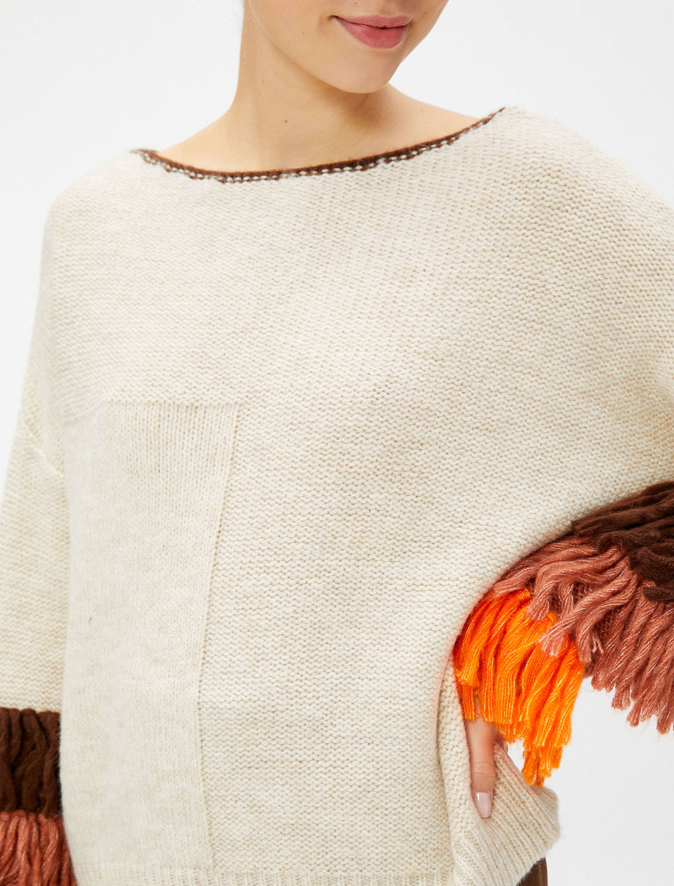   Bisiklet Yaka Triko Kazak Örgü Renk Bloklu Püskül Detaylı