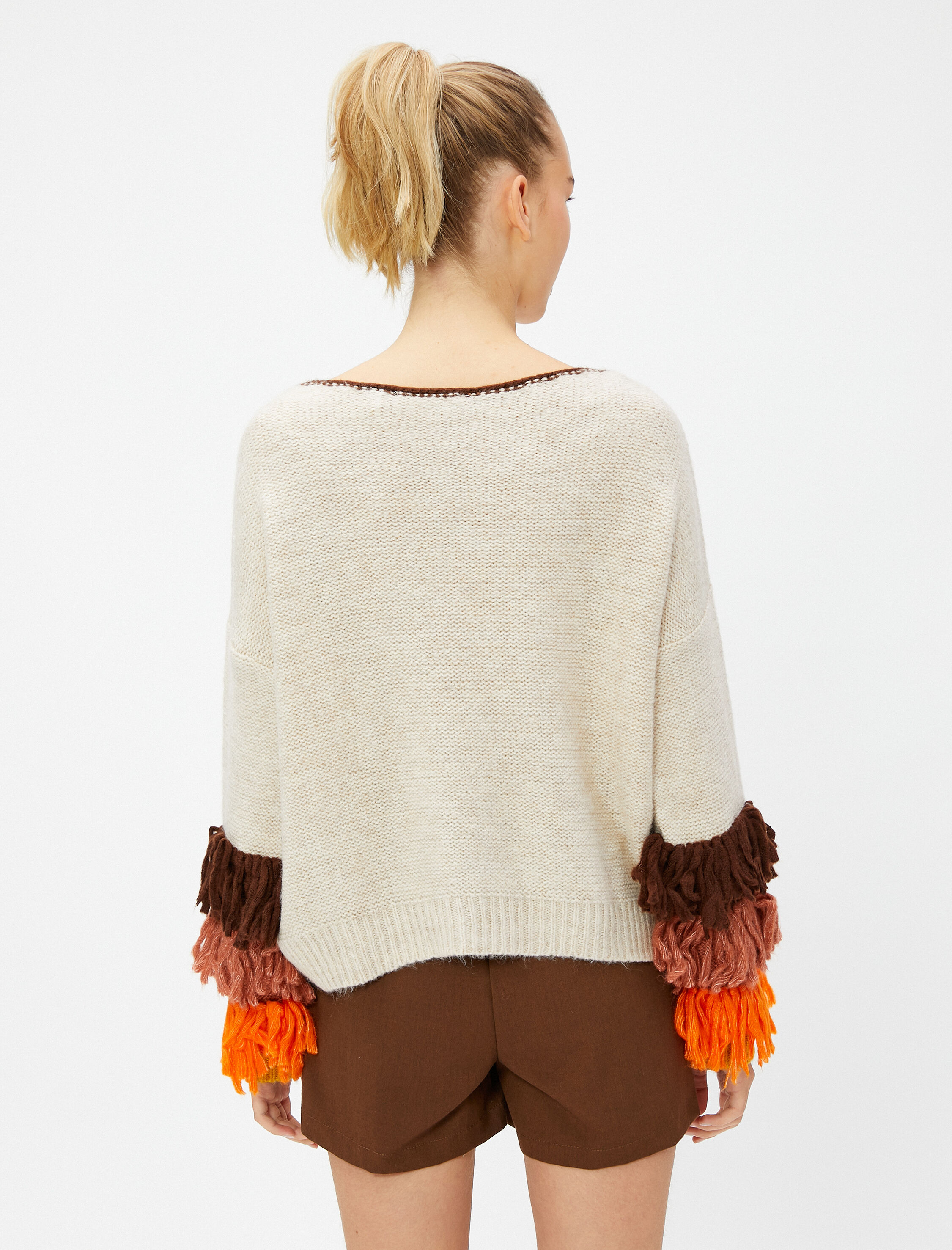   Bisiklet Yaka Triko Kazak Örgü Renk Bloklu Püskül Detaylı