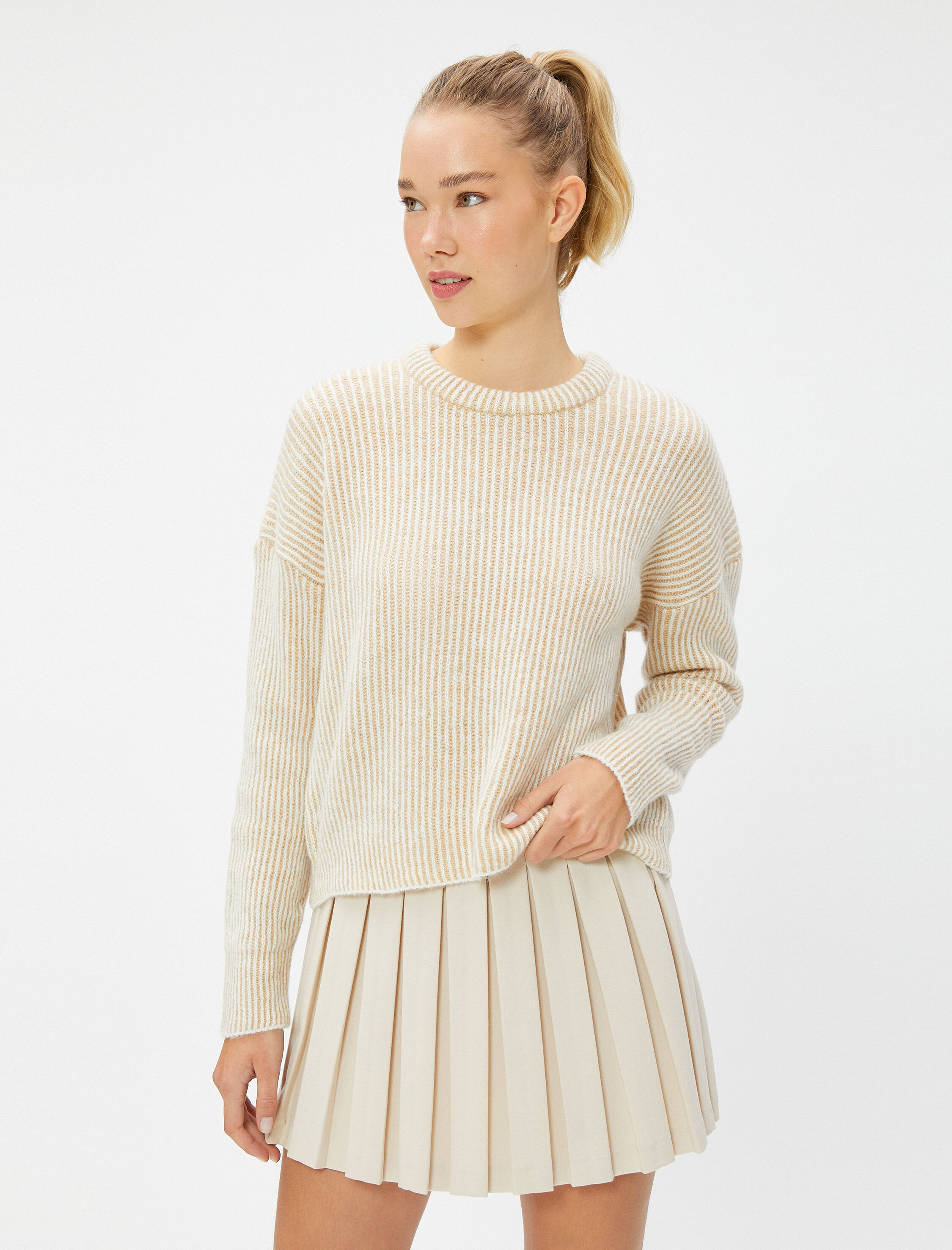   Basic Triko Kazak Bisiklet Yaka Fitilli Uzun Kollu