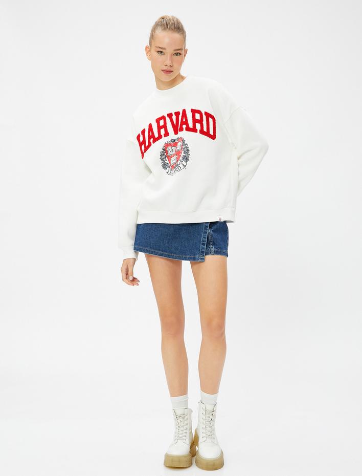  Şardonlu Kolej Sweatshirt Oversize Harvard Lisanslı Bisiklet Yaka