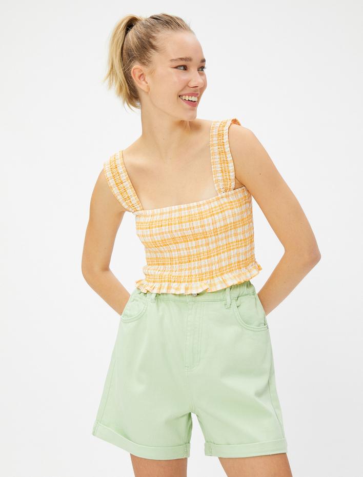  Yüksek Bel Şort Beli Lastikli Katlama Detaylı Pamuklu