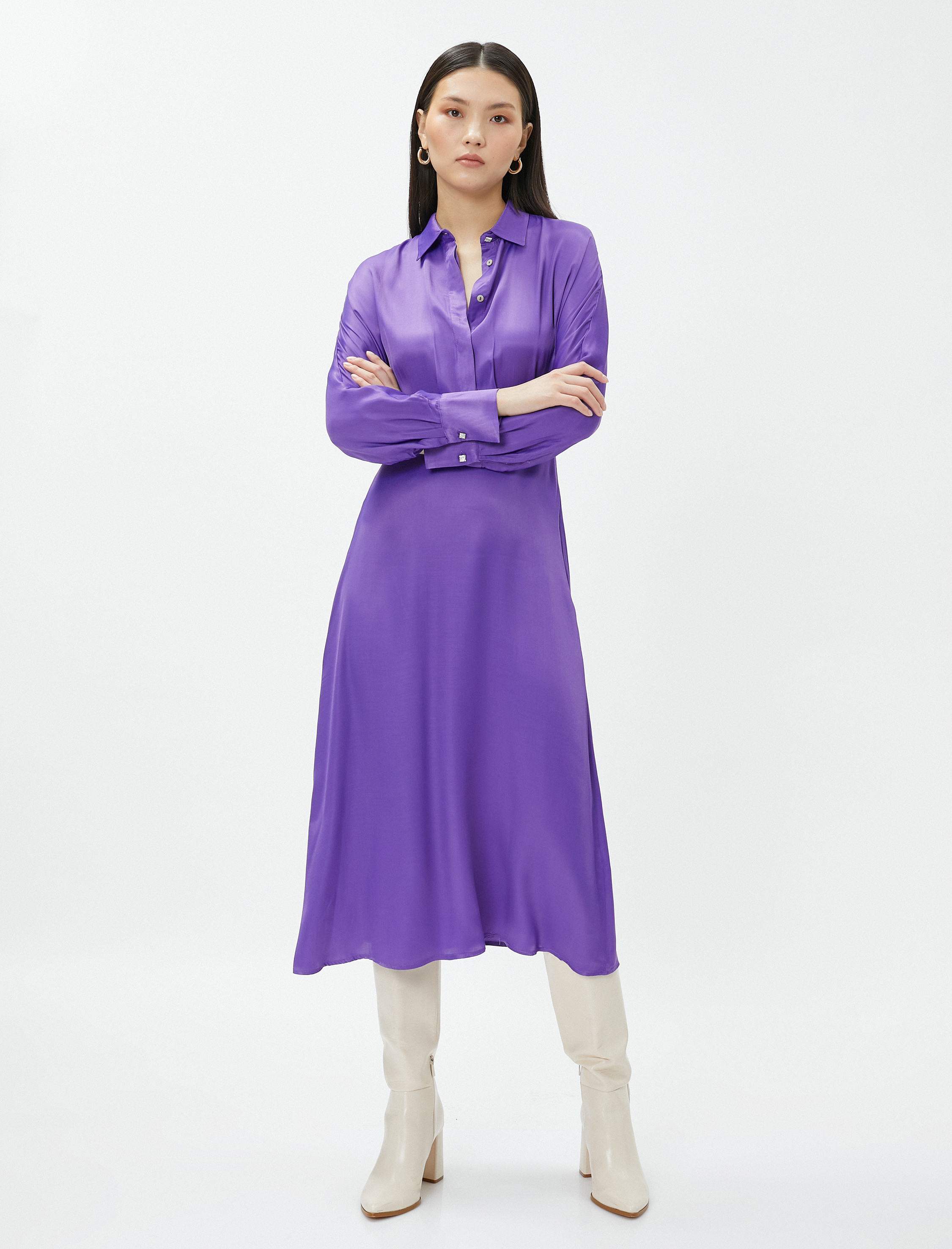   Saten Gömlek Elbise Kloş Uzun Kollu