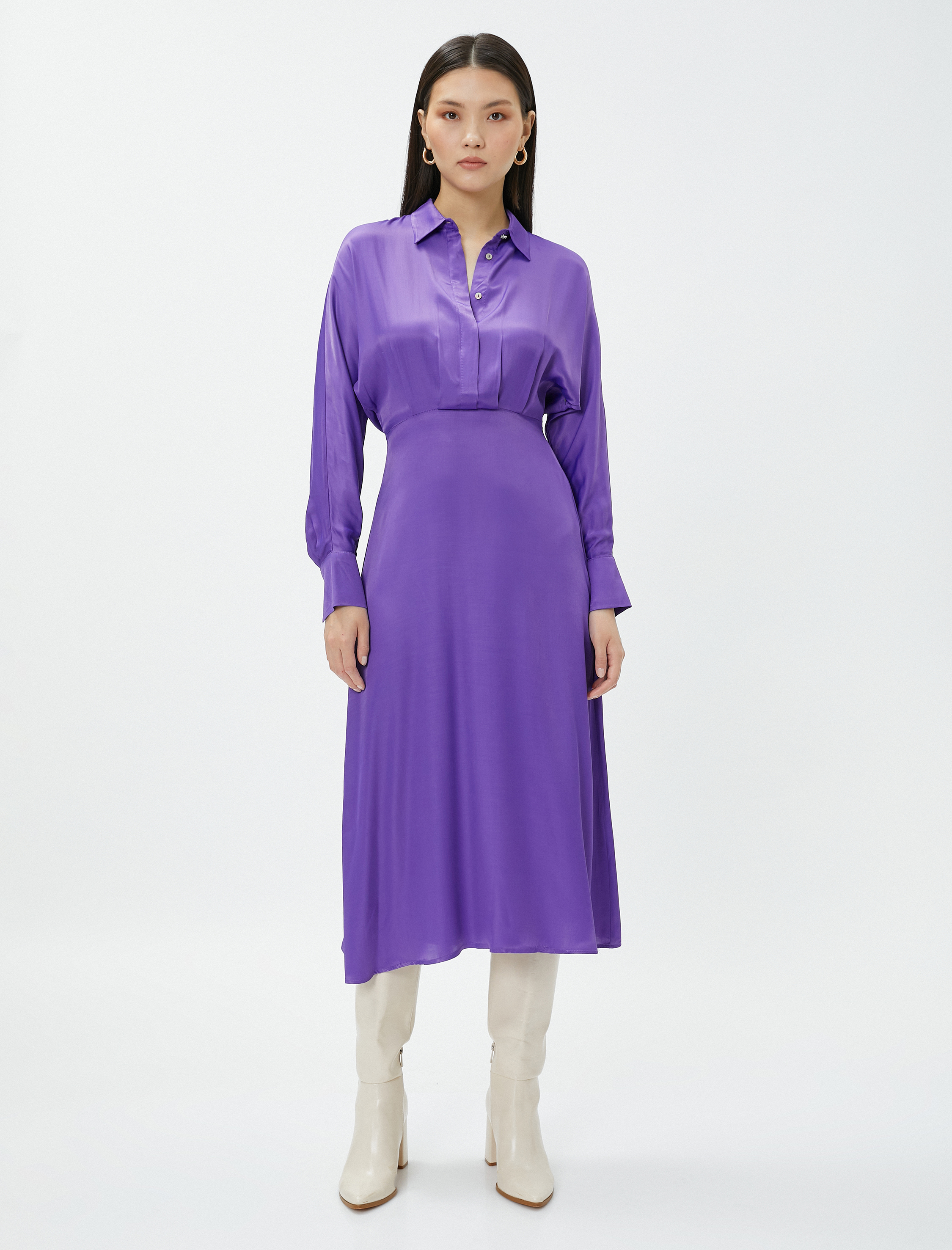   Saten Gömlek Elbise Kloş Uzun Kollu