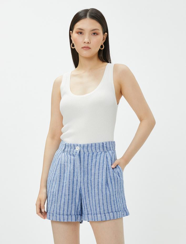  Keten Karışımlı Şort Cepli Duble Paça