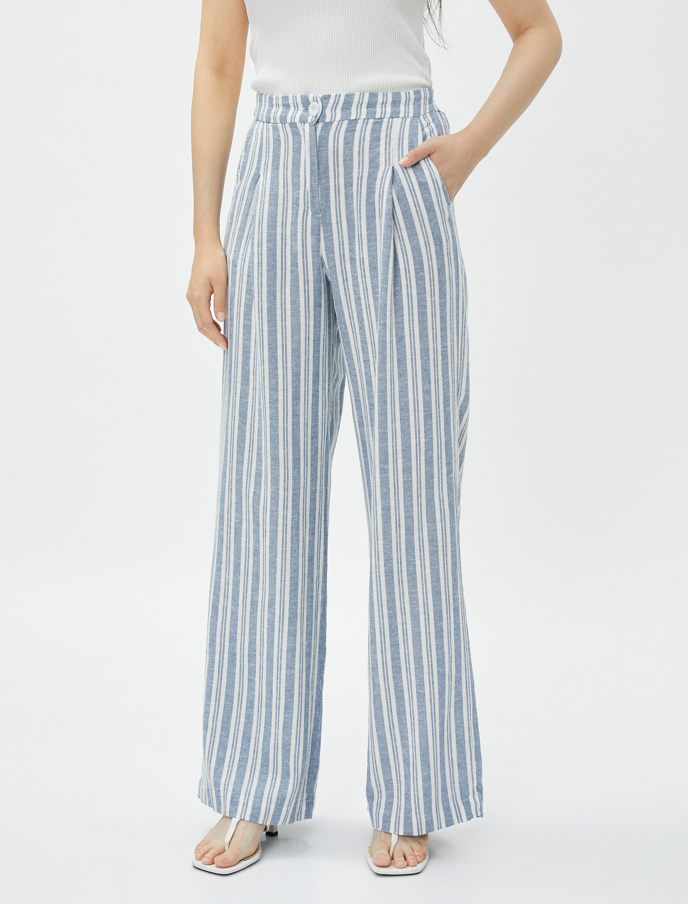   Keten Palazzo Pantolon Cepli Pile Detaylı