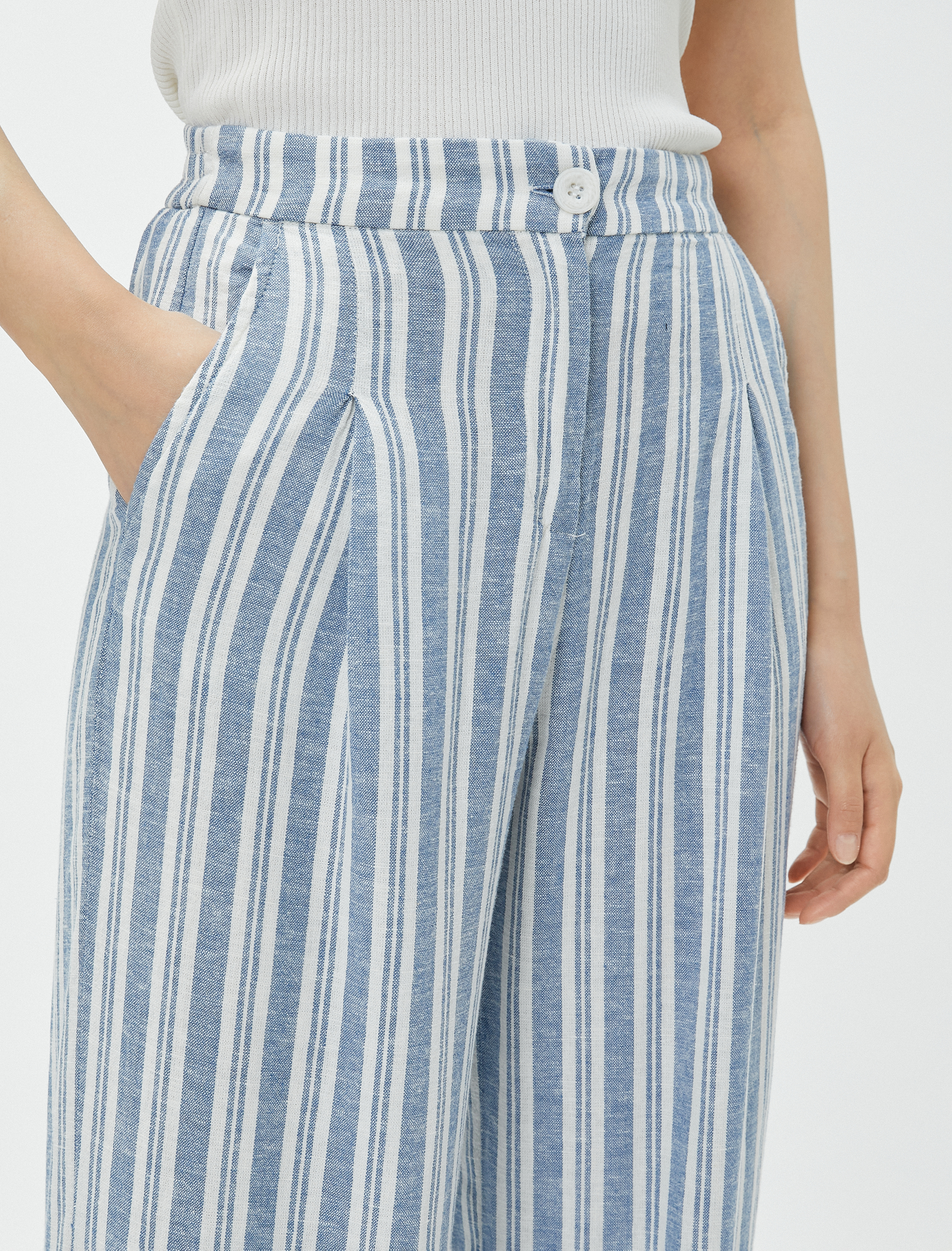   Keten Palazzo Pantolon Cepli Pile Detaylı