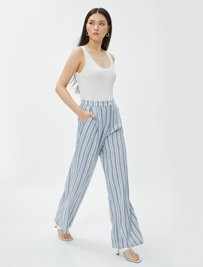  Keten Palazzo Pantolon Cepli Pile Detaylı