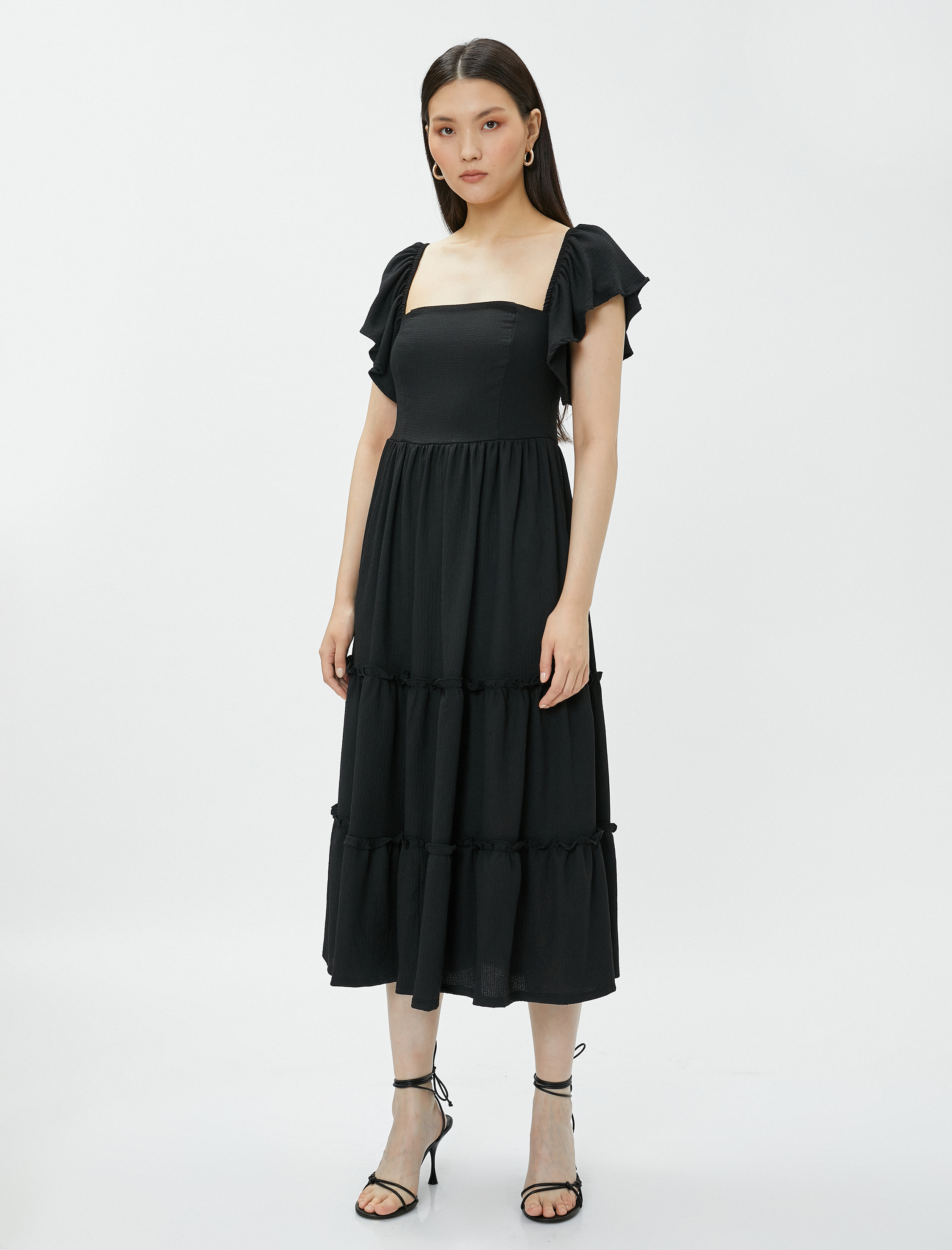   Midi Boy Elbise Gipeli Kare Yaka Fırfırlı