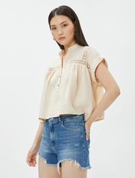 Crop Bohem Bluz Hakim Yaka Şerit Kroşe Detaylı