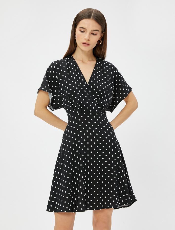  Mini Puantiyeli Elbise Anvelop Viskon Kısa Kollu