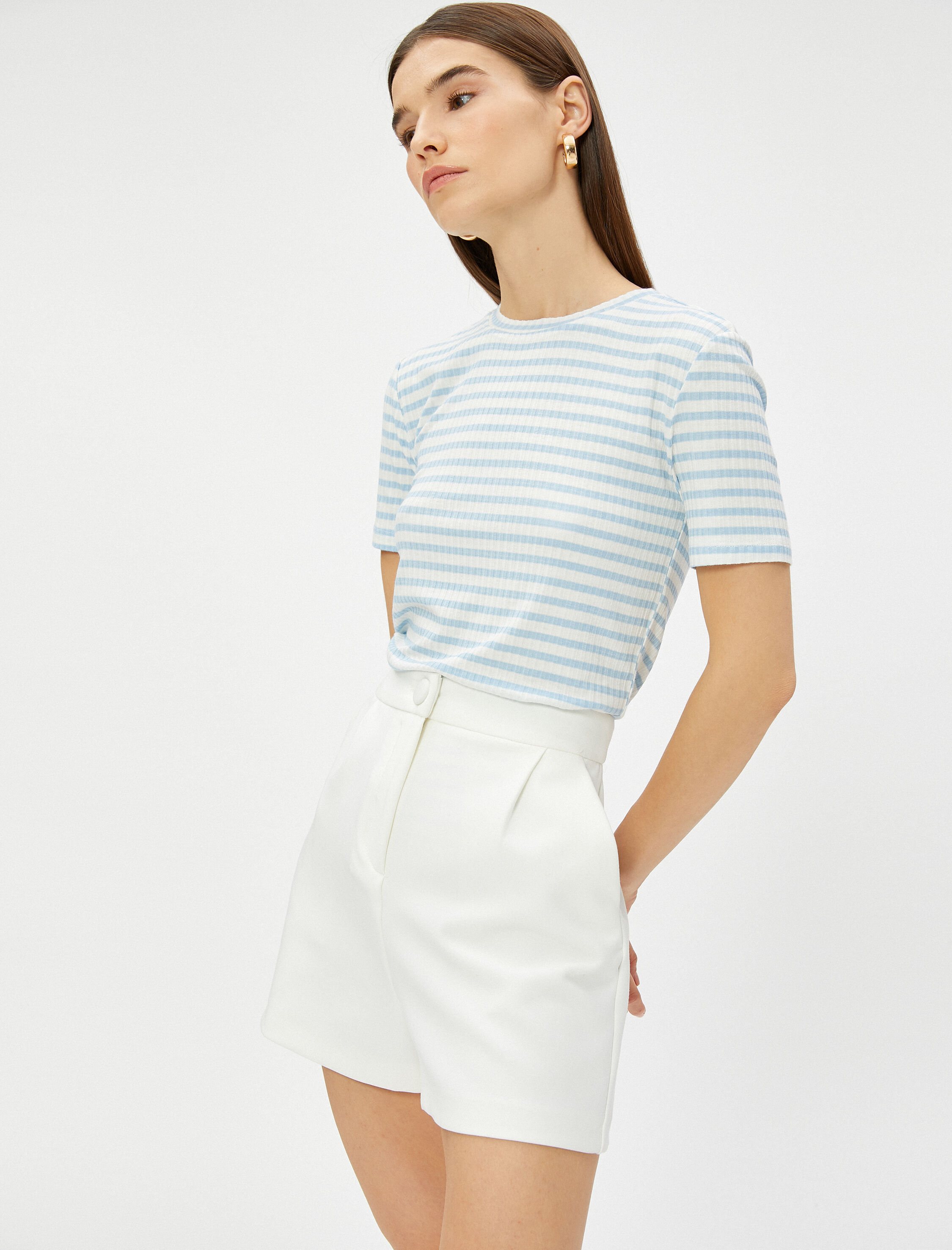   Ribanalı Tişört Slim Fit Kısa Kollu Bisiklet Yaka