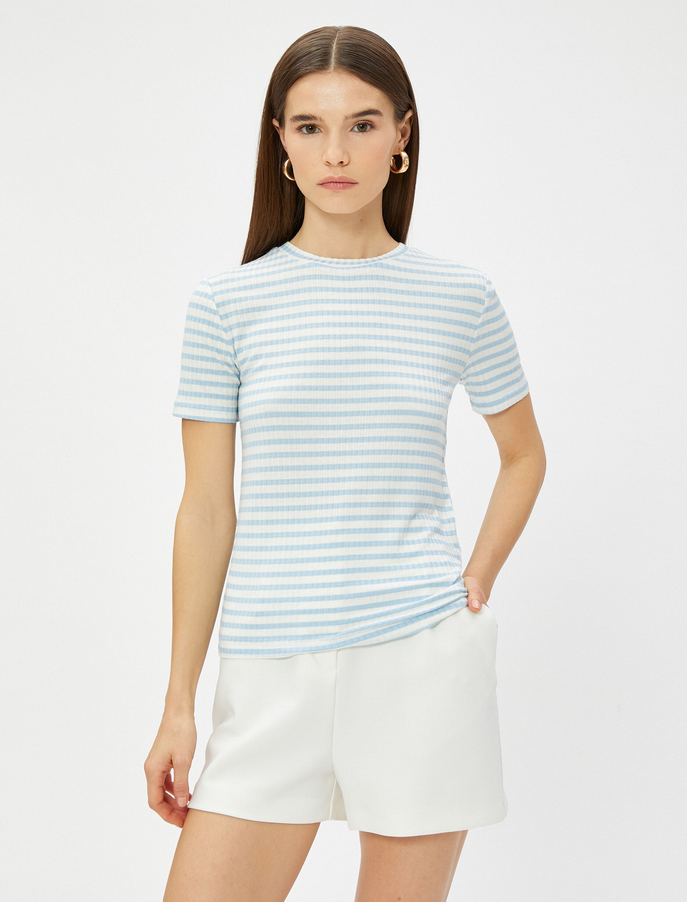   Ribanalı Tişört Slim Fit Kısa Kollu Bisiklet Yaka