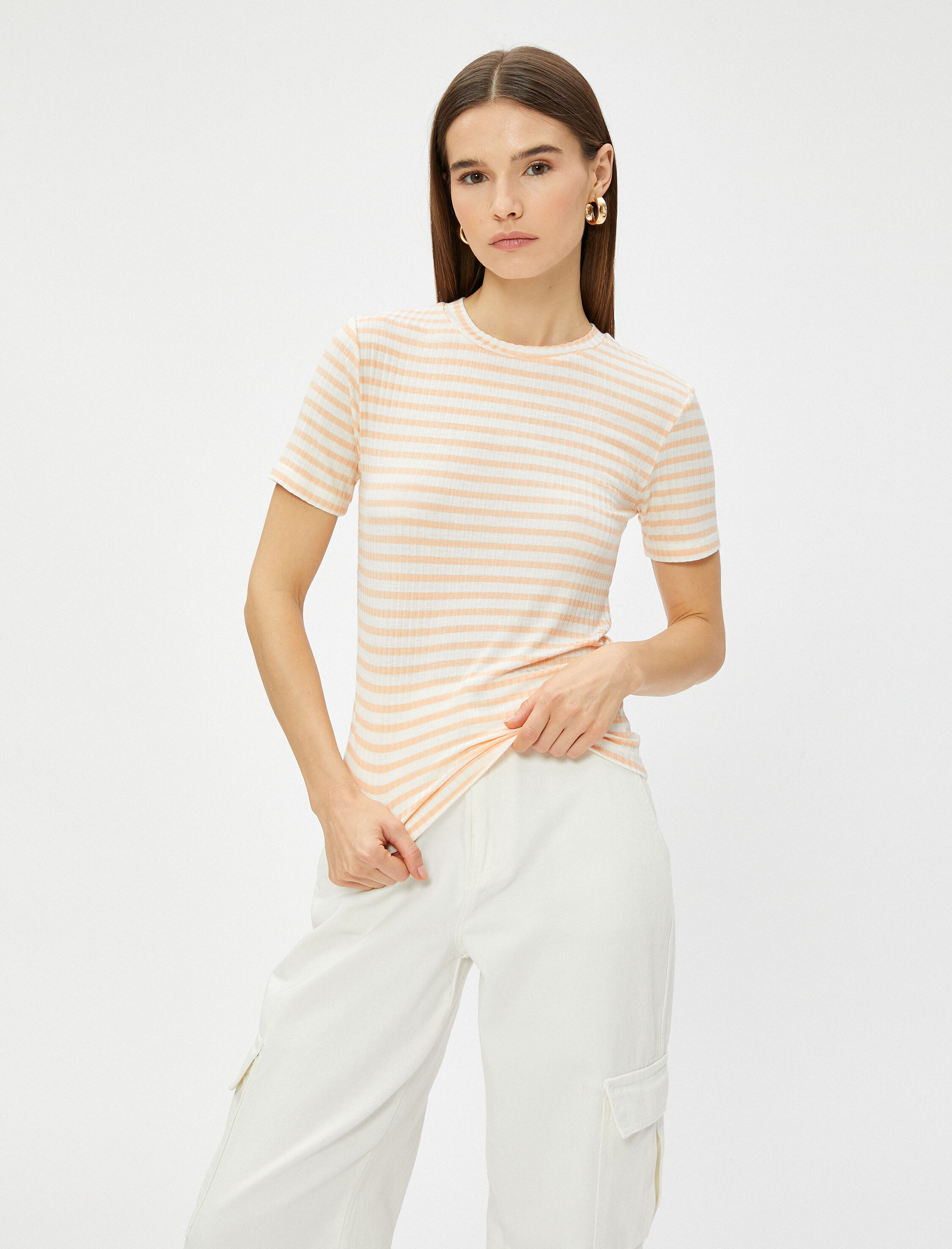   Ribanalı Tişört Slim Fit Kısa Kollu Bisiklet Yaka