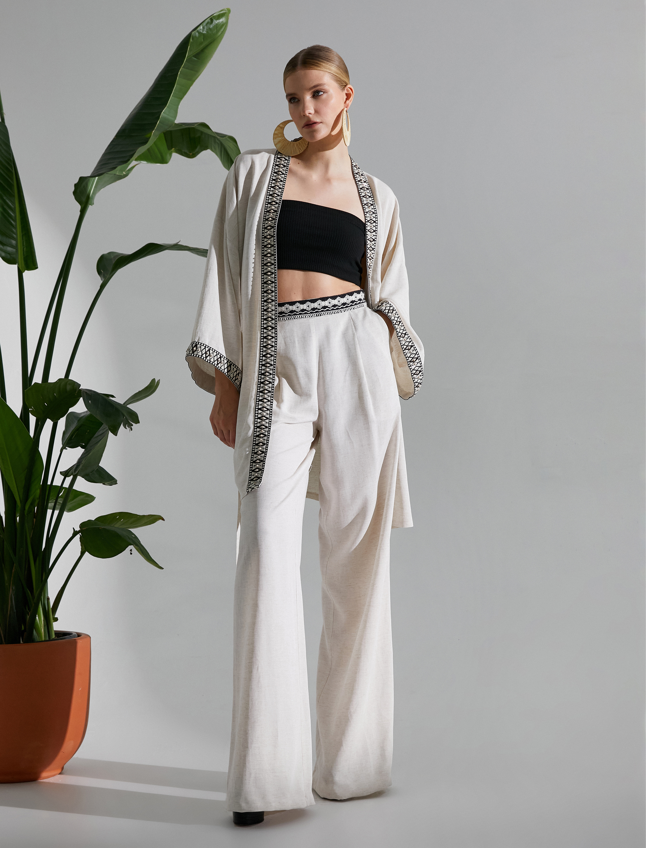   Palazzo Pantolon Pileli Cepli Keten Karışımlı