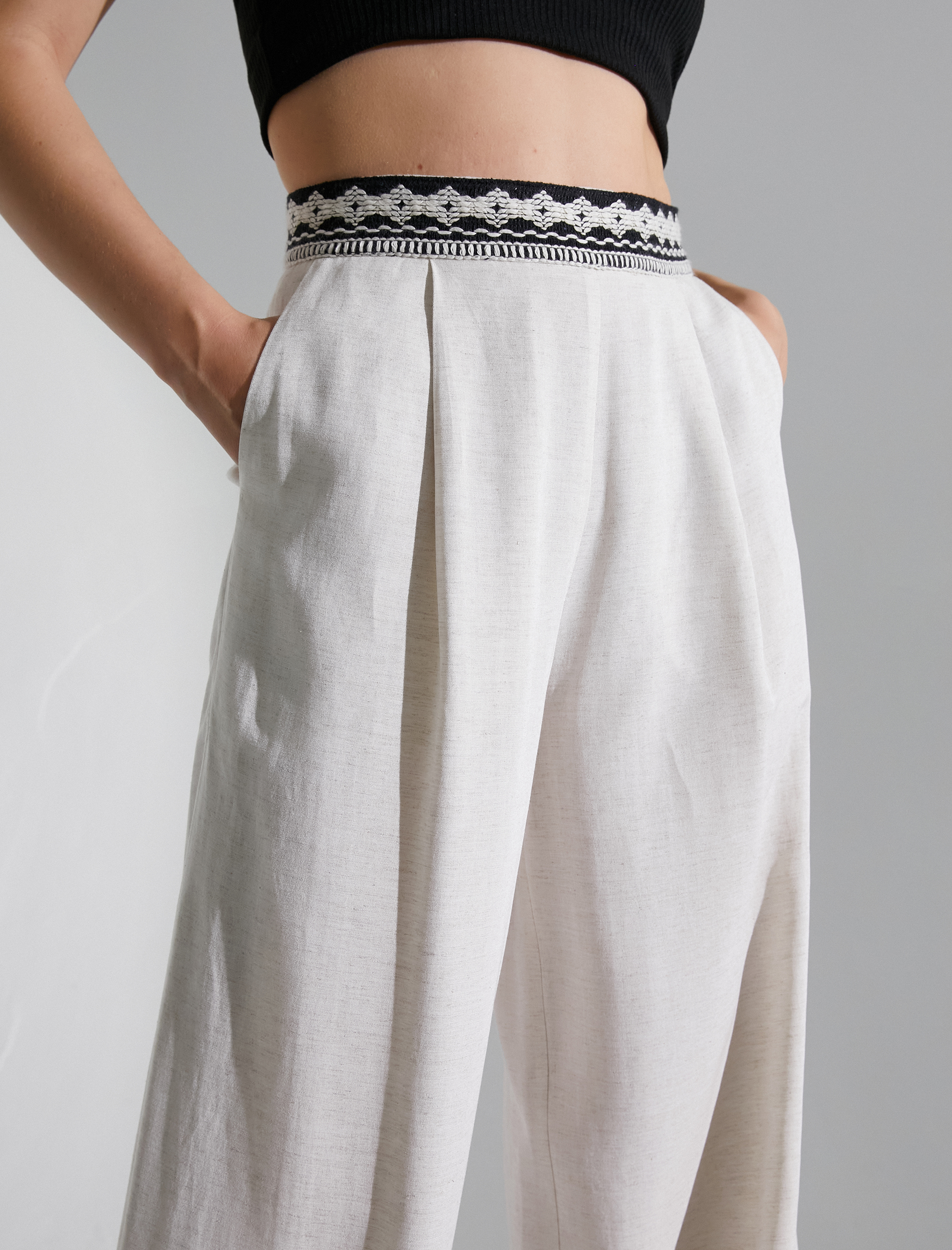   Palazzo Pantolon Pileli Cepli Keten Karışımlı