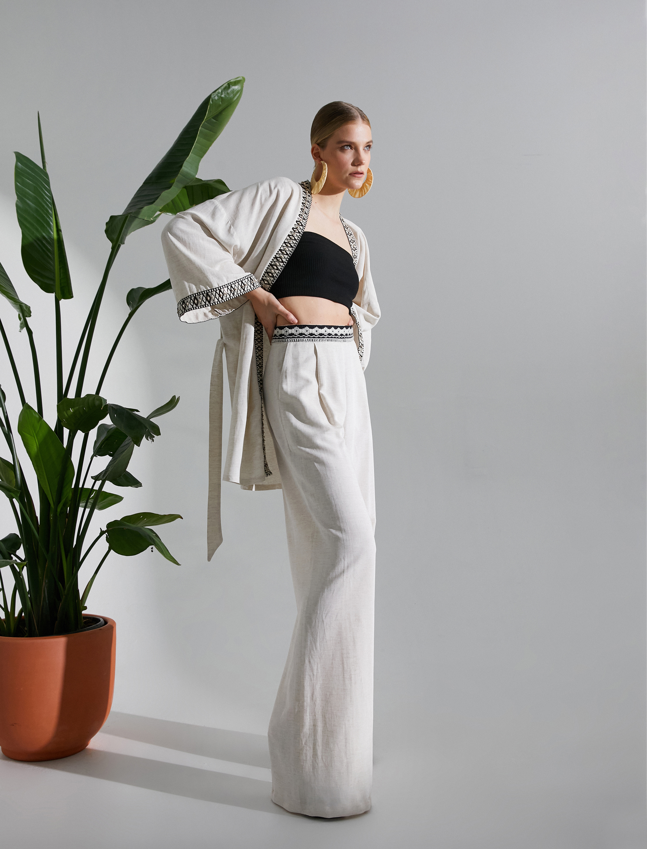   Palazzo Pantolon Pileli Cepli Keten Karışımlı