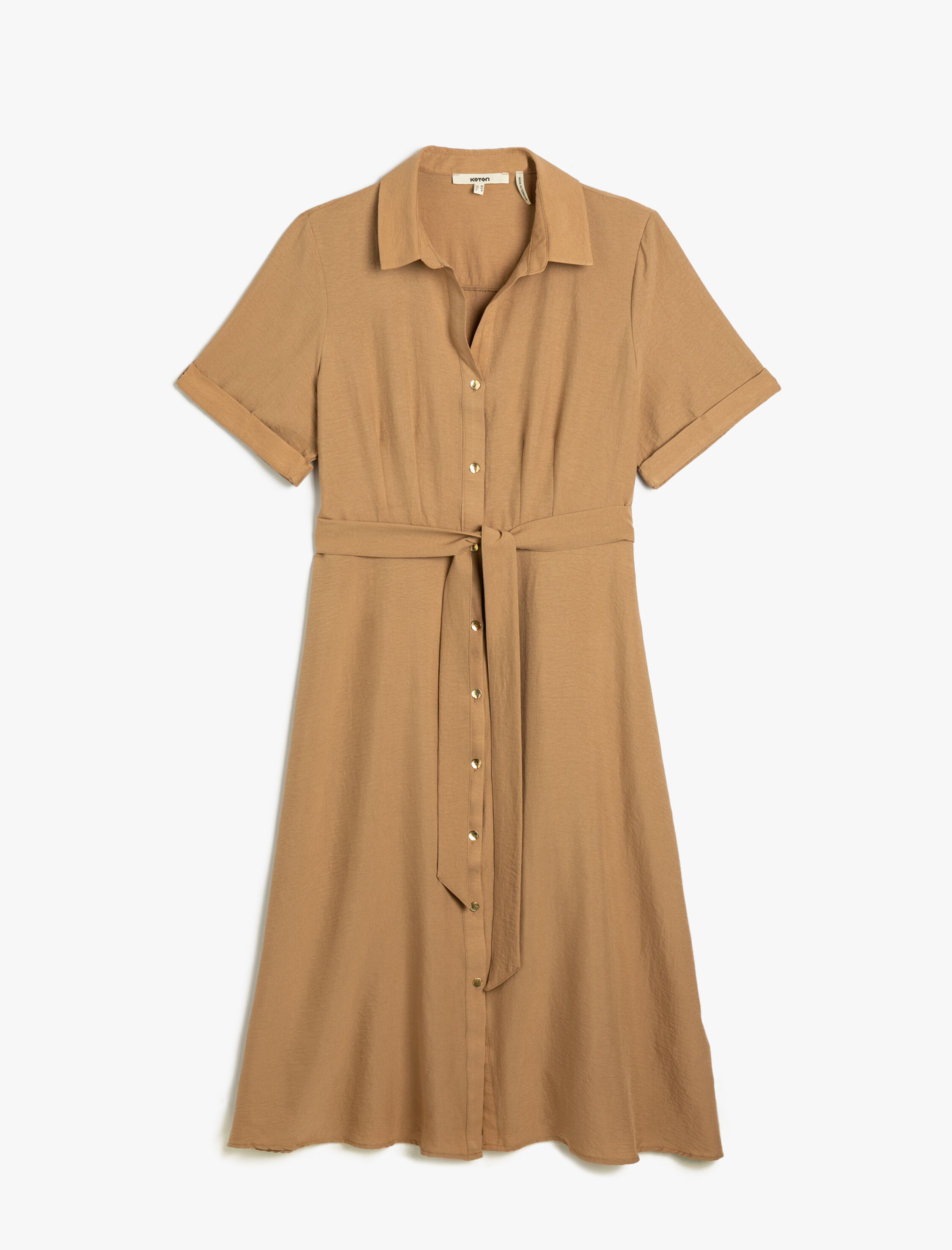   Gömlek Elbise Midi Boy Kısa Kollu Kuşaklı