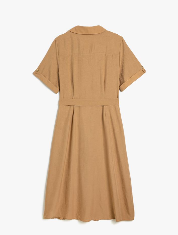  Gömlek Elbise Midi Boy Kısa Kollu Kuşaklı