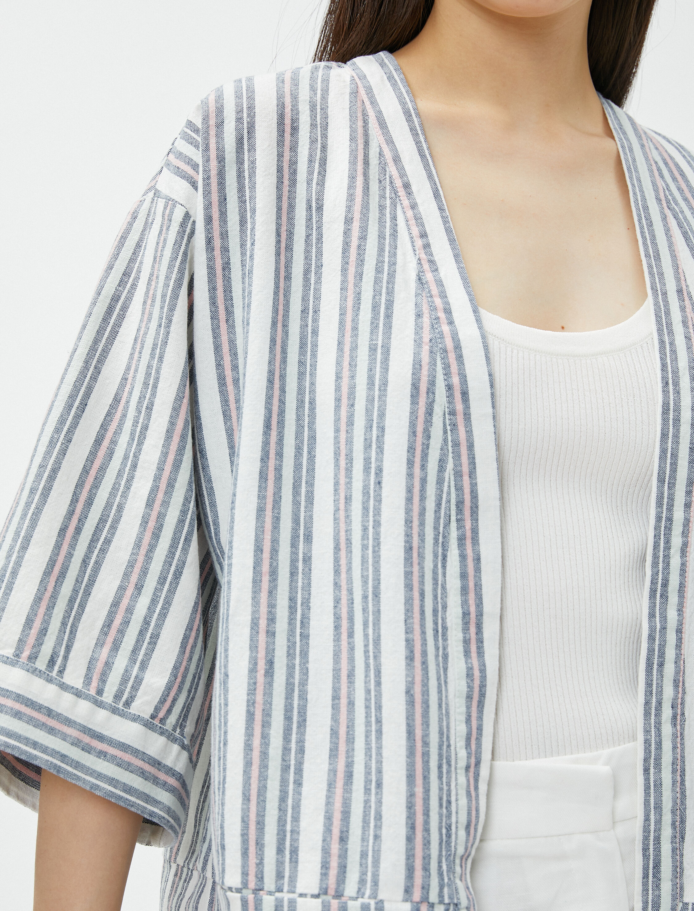   Oversize Keten Kimono Cepli Kısa Kollu