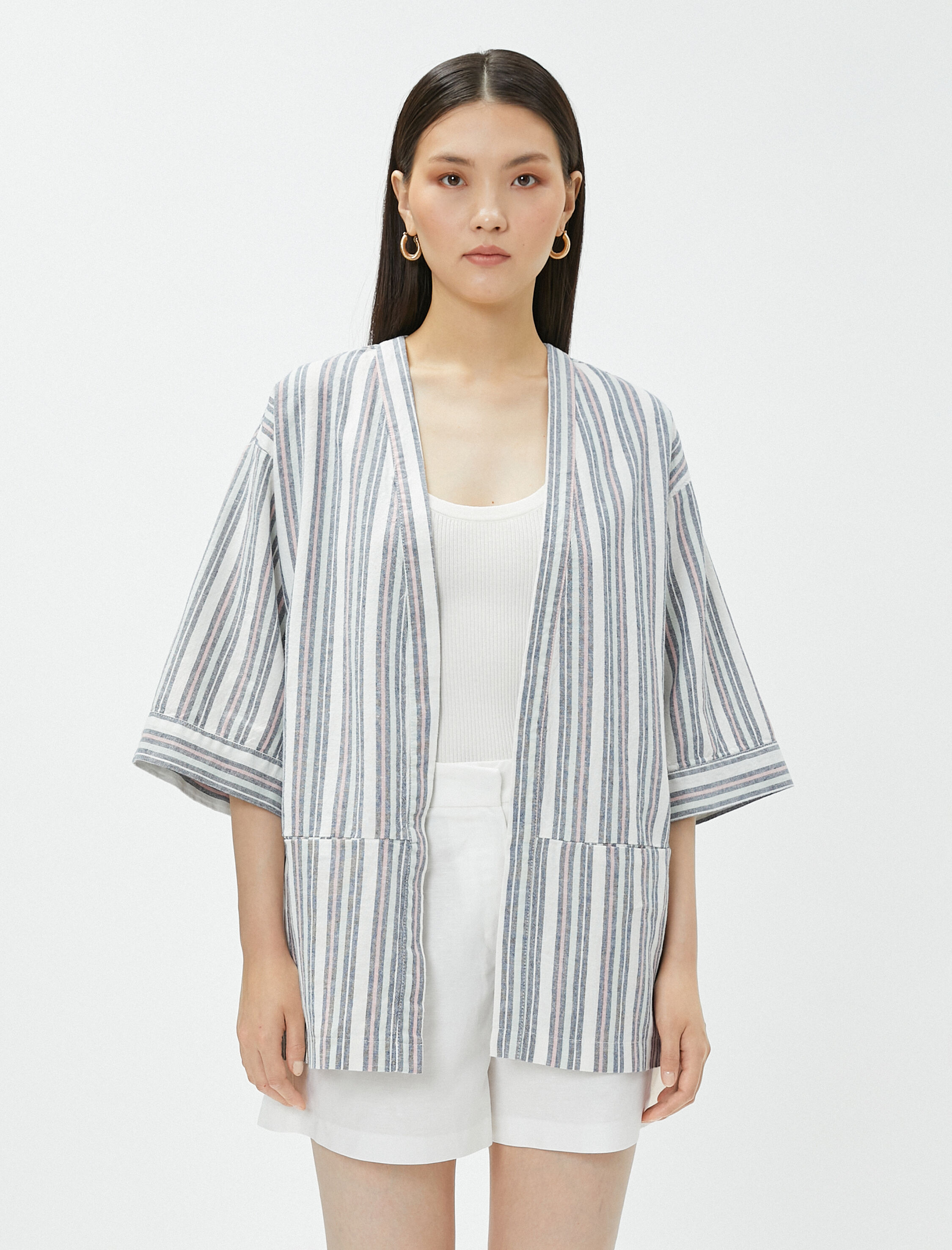   Oversize Keten Kimono Cepli Kısa Kollu