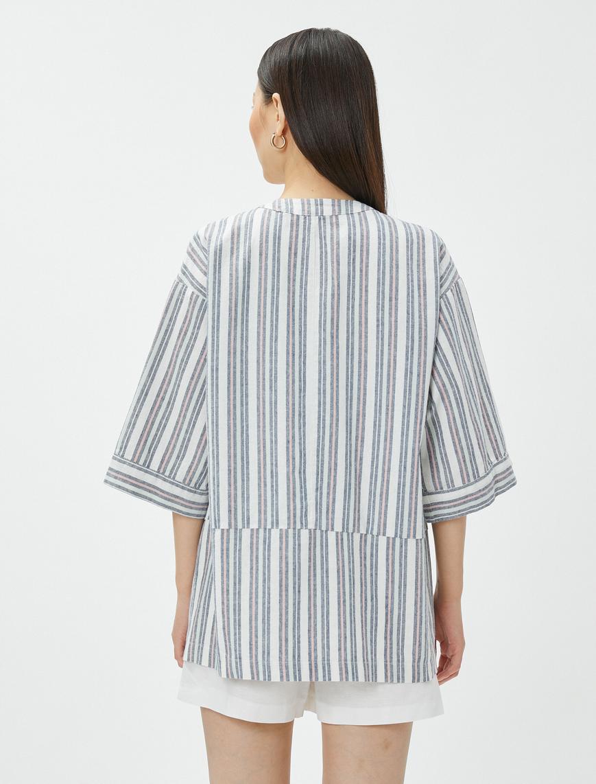   Oversize Keten Kimono Cepli Kısa Kollu