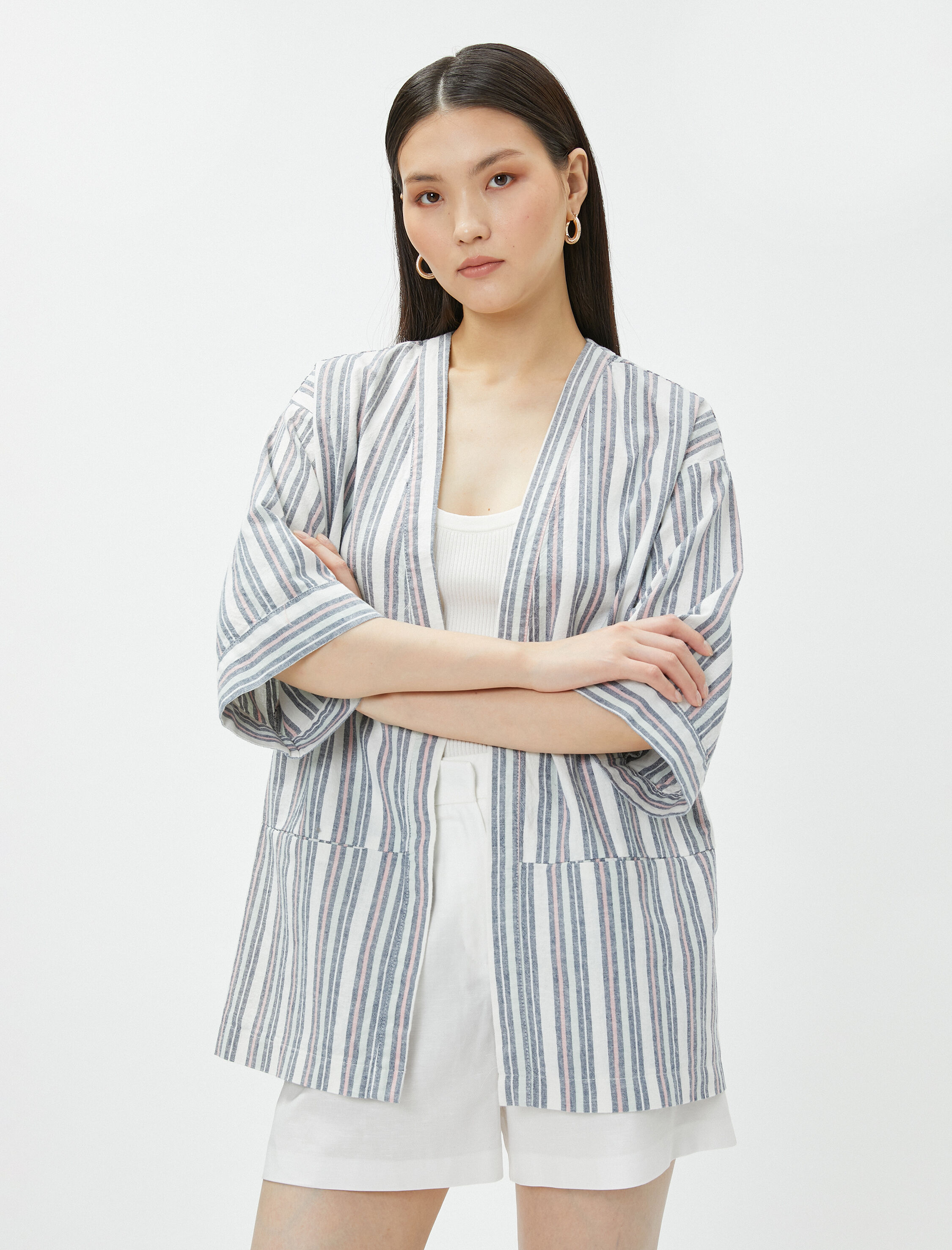   Oversize Keten Kimono Cepli Kısa Kollu